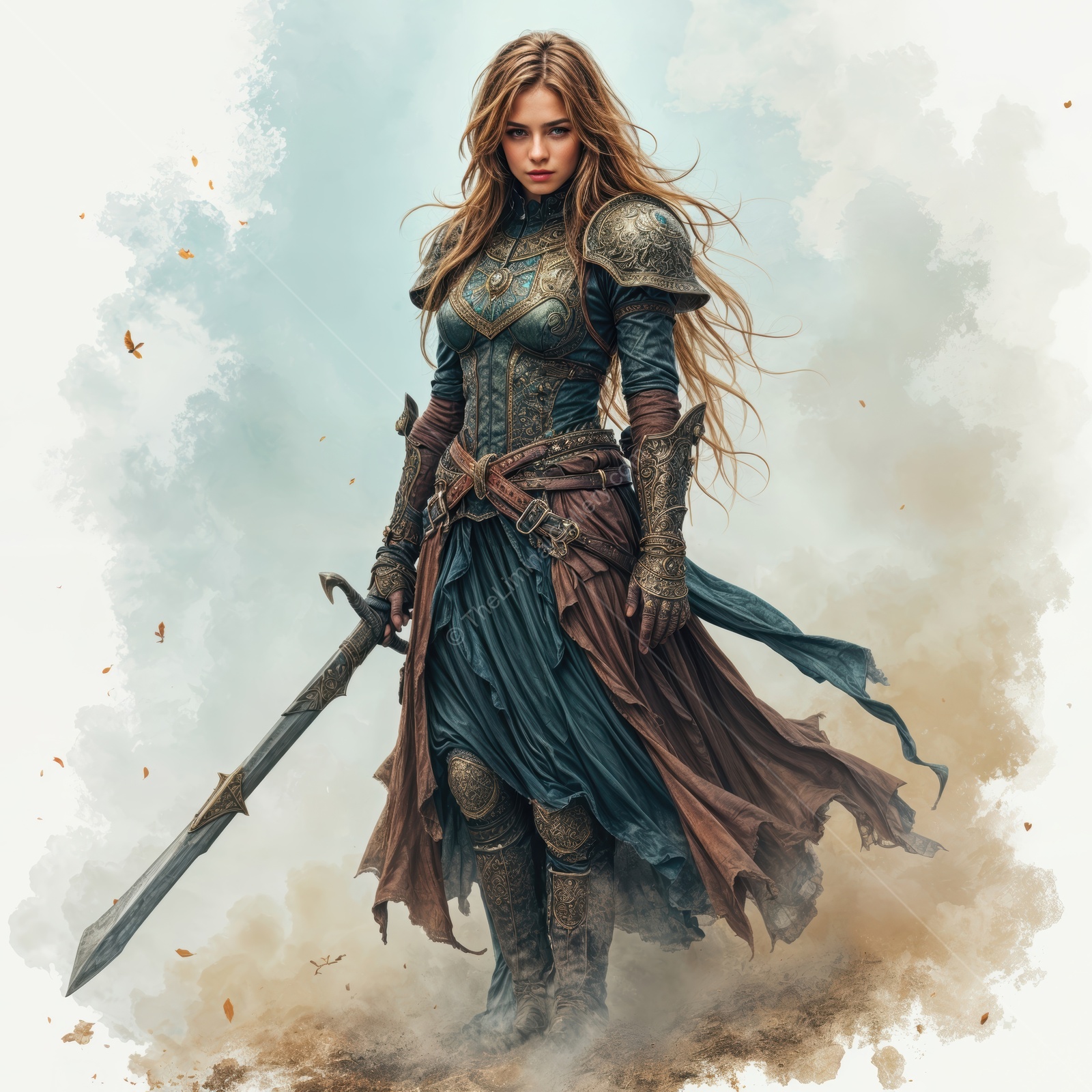 Woman warrior standing strong in a fantasy realm, poised and ready for adventure amidst a misty landscape at twilight