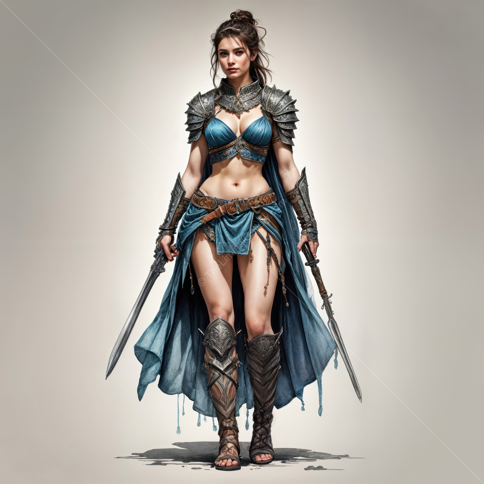 Warrior woman stands boldly in a fantasy realm, blending strength and beauty in a liminal space between worlds