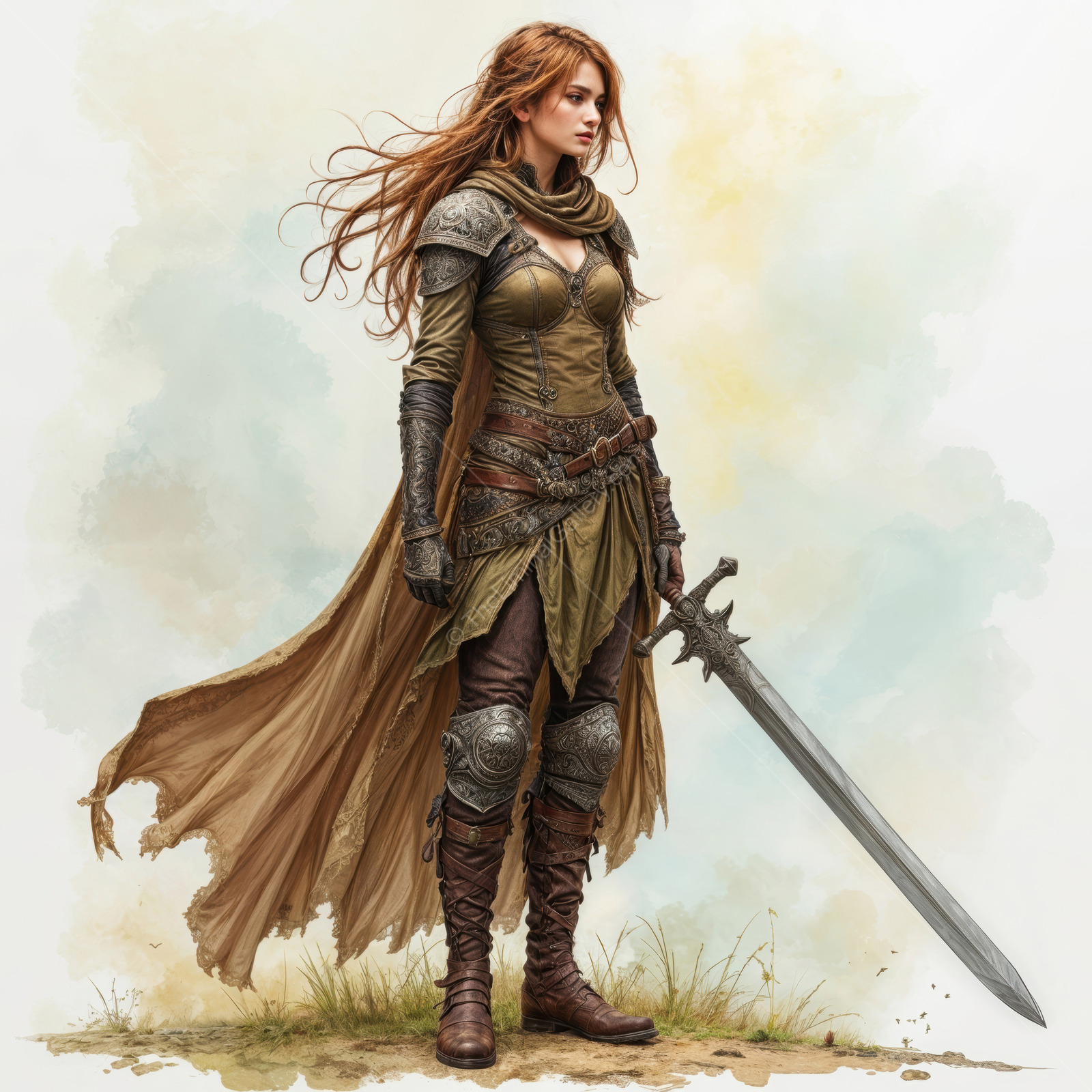 Warrior woman stands boldly in a surreal landscape, ready for an adventure at dusk