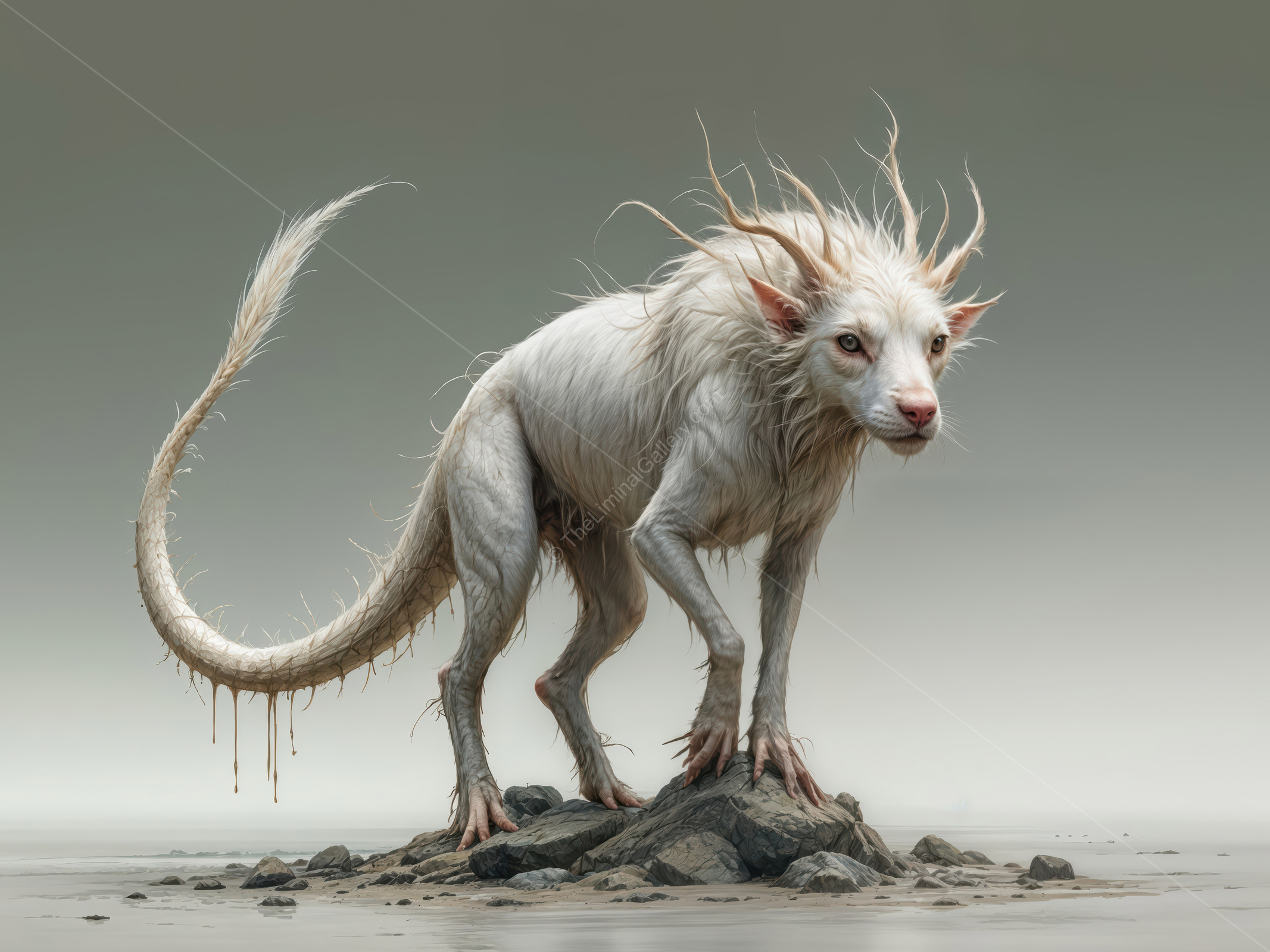 Mysterious white creature stands on rocky terrain, showcasing wild features and unique fur against a muted backdrop