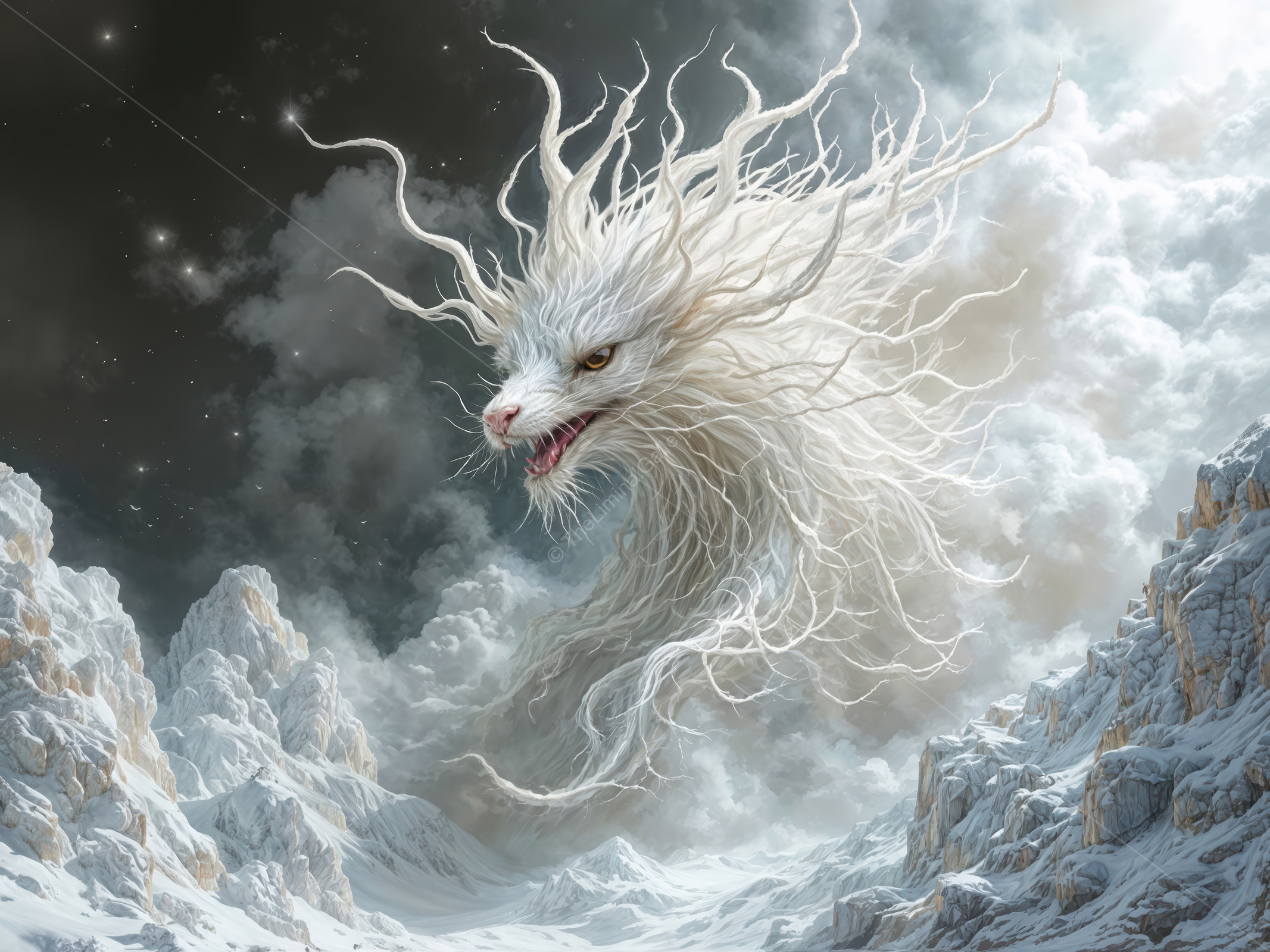 Majestic white dragon soaring through stormy clouds in a wintry landscape at twilight