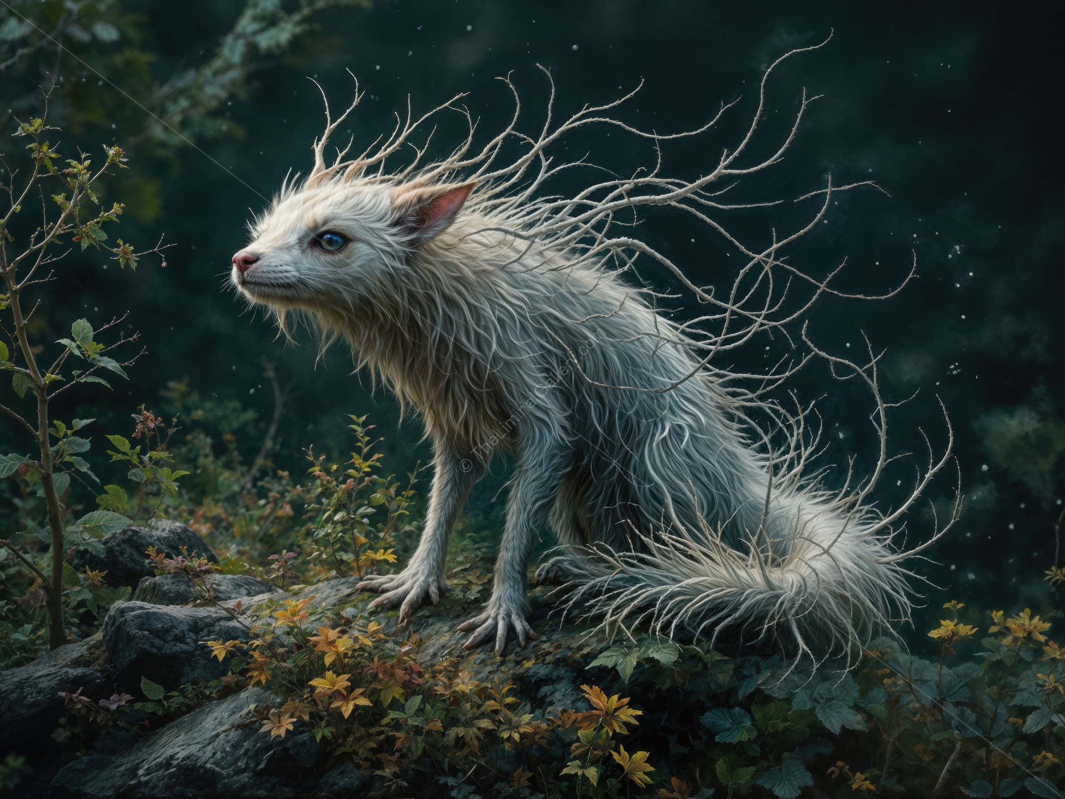 A mystical creature with wild, flowing fur sits among lush foliage in a serene forest environment during twilight hours