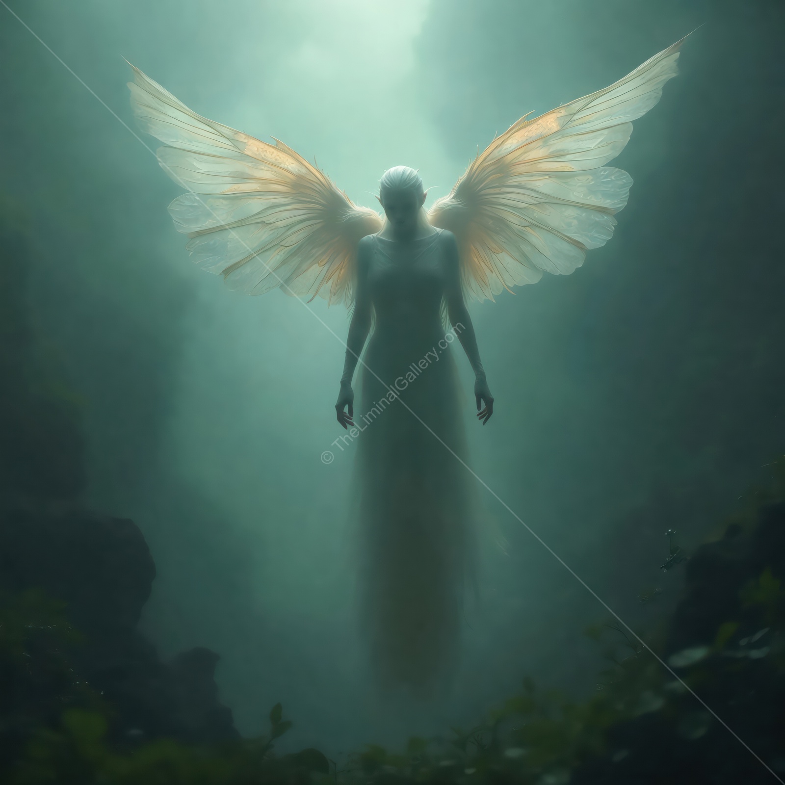Mystical figure with ethereal wings emerging from a misty forest at dawn