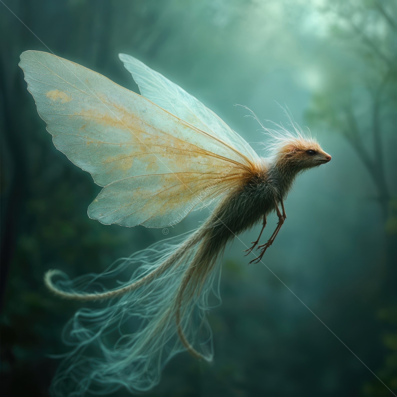 Enchanting creature with delicate wings soaring through a mystical forest at twilight