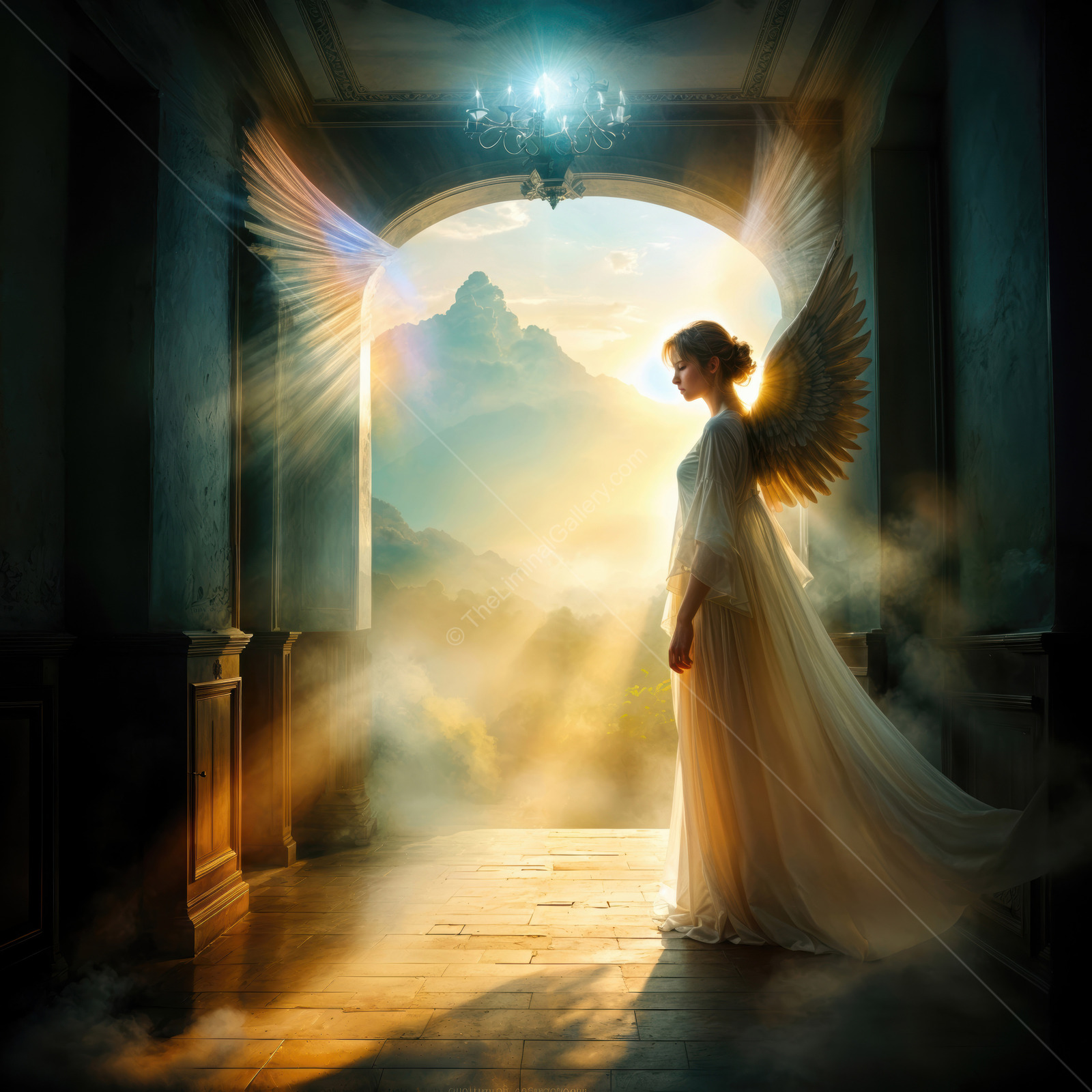 Majestic figure with angelic wings stands in a sunlit archway overlooking breathtaking mountains at dawn