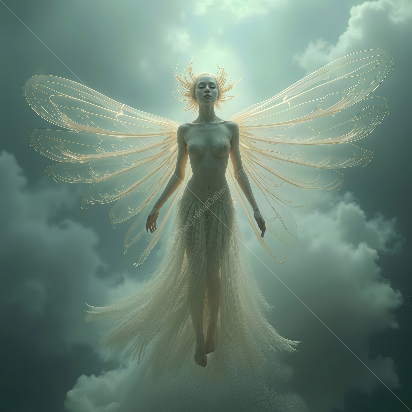 Ethereal figure with delicate wings floating amidst clouds at twilight