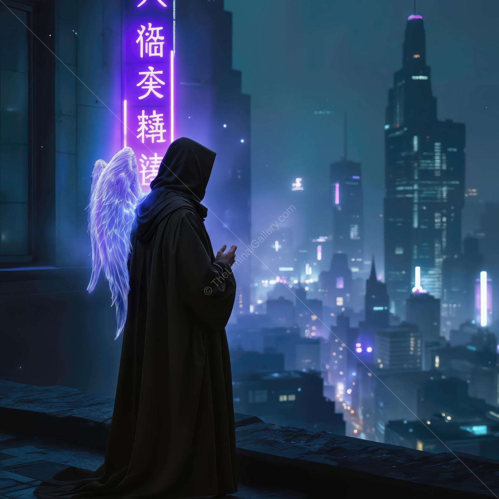 Mysterious figure with glowing wings stands overlooking a vibrant cyberpunk city at night, reflecting on a future filled with possibilities