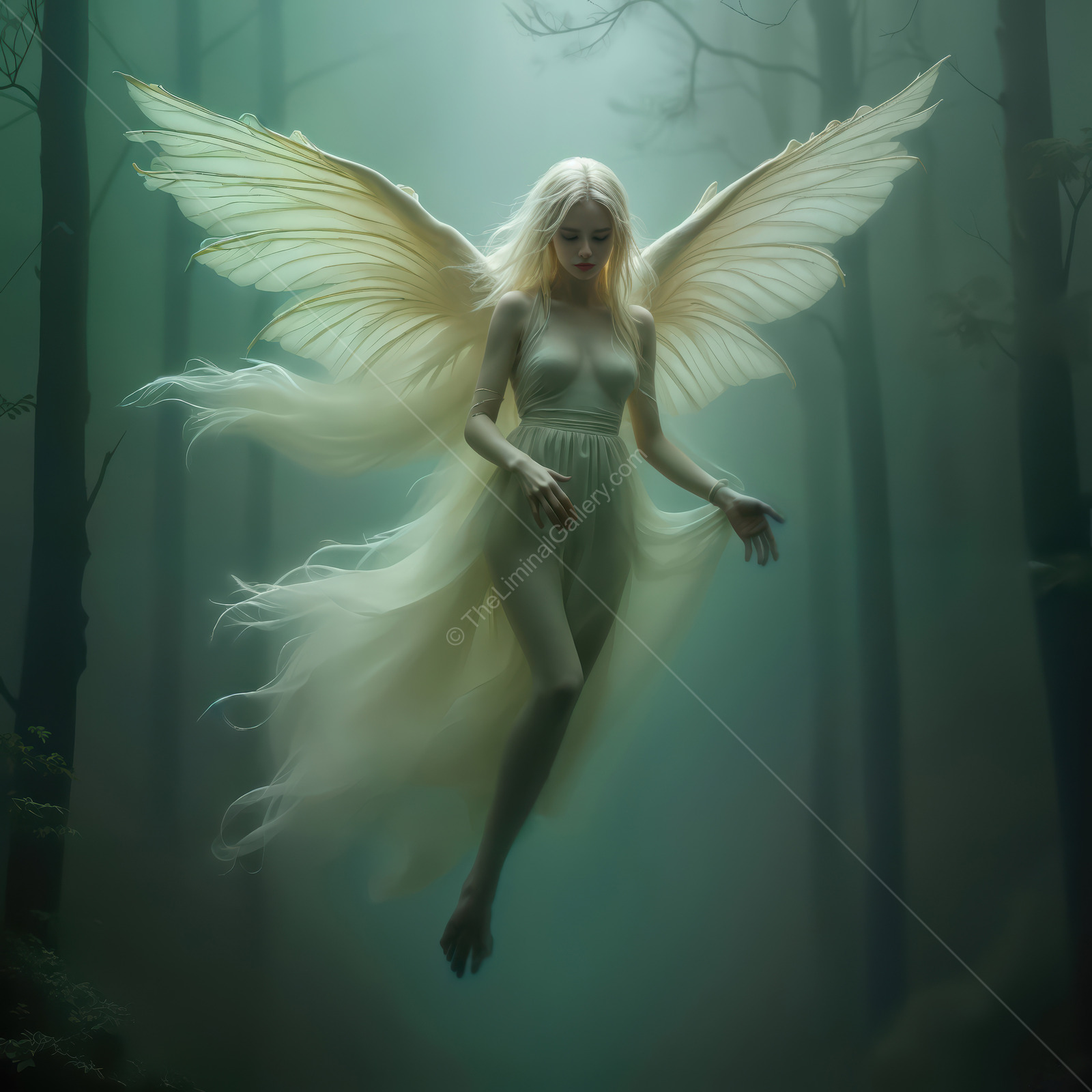 Mysterious figure with wings floating effortlessly in a misty forest at dawn