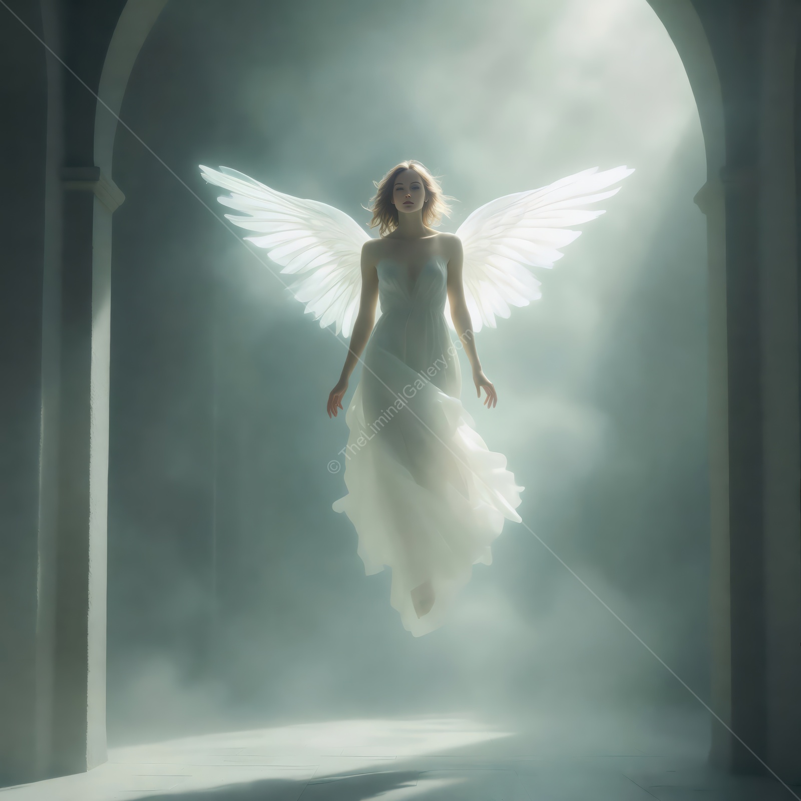 Majestic figure with ethereal wings floats gracefully in a mystical environment filled with soft light and smoke