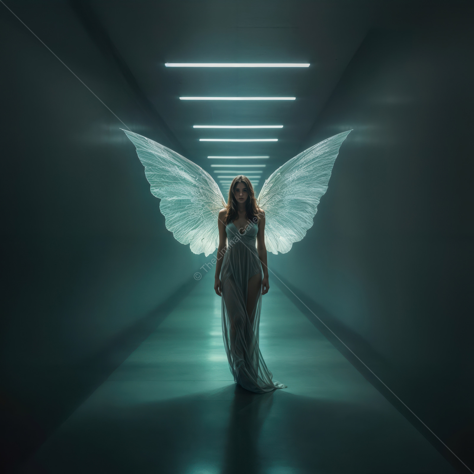 Captivating figure in shimmering gown with ethereal wings walking through a mysterious hallway at twilight