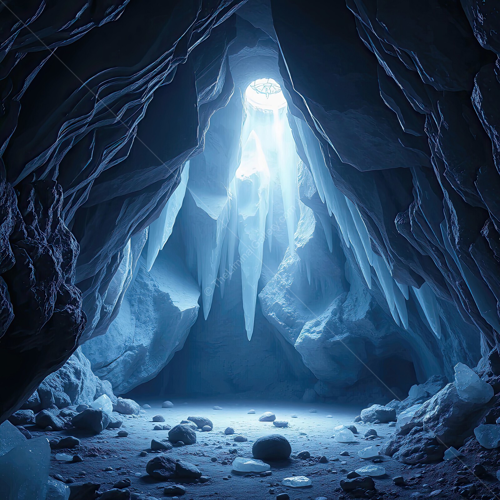 Majestic crystal cave illuminated by sunlight through a frosty opening during a serene winter day