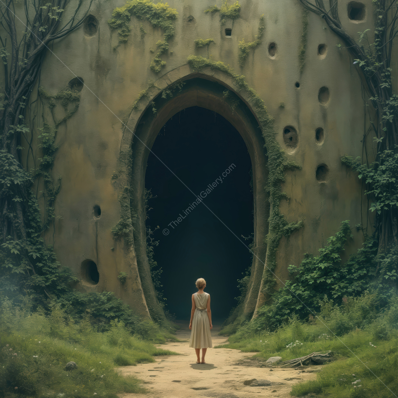 Woman standing at the entrance of a mysterious, ancient doorway surrounded by lush greenery in a fantasy world