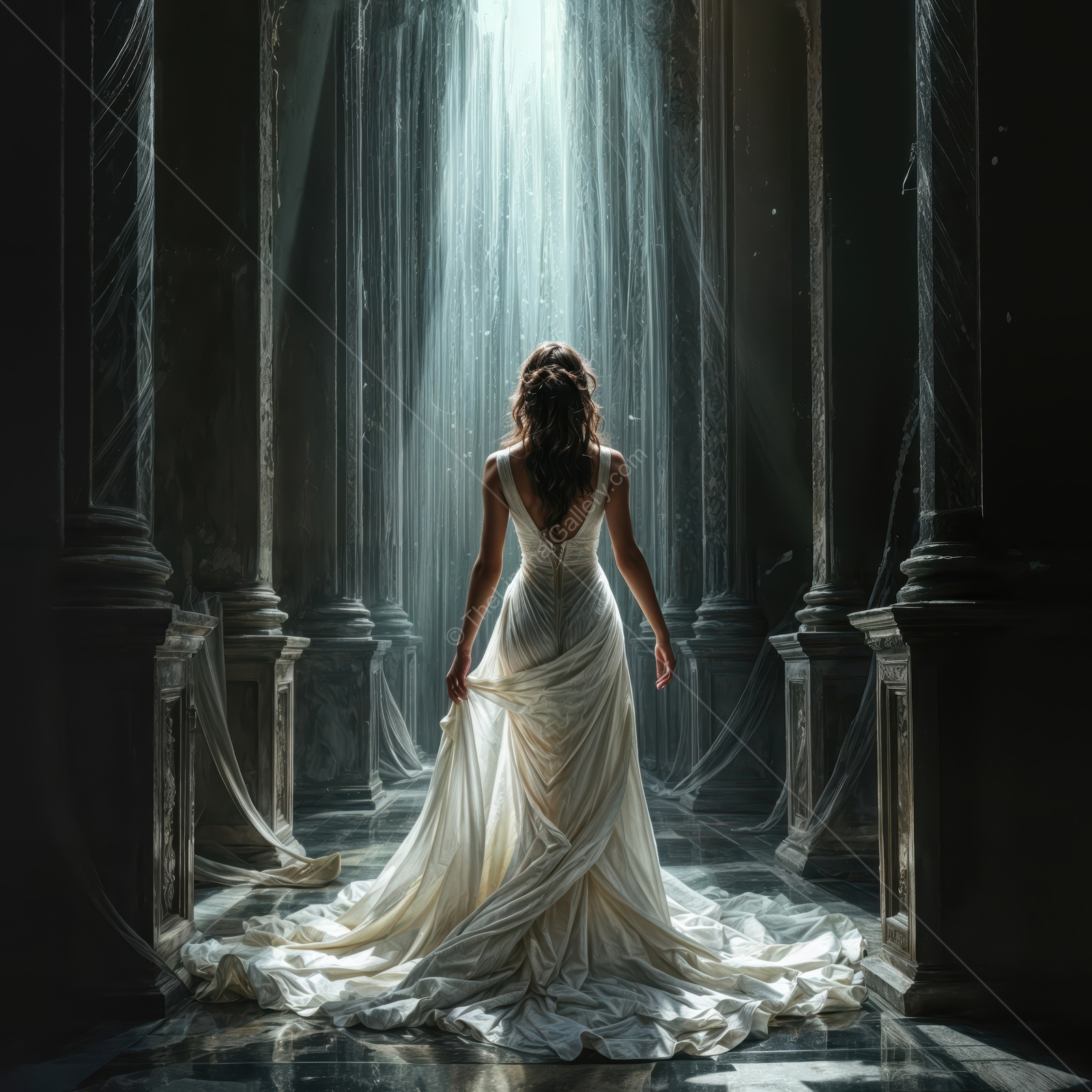 A mystical journey awaits as a woman in a flowing gown walks through a dimly lit, enchanting space illuminated by a single beam of light