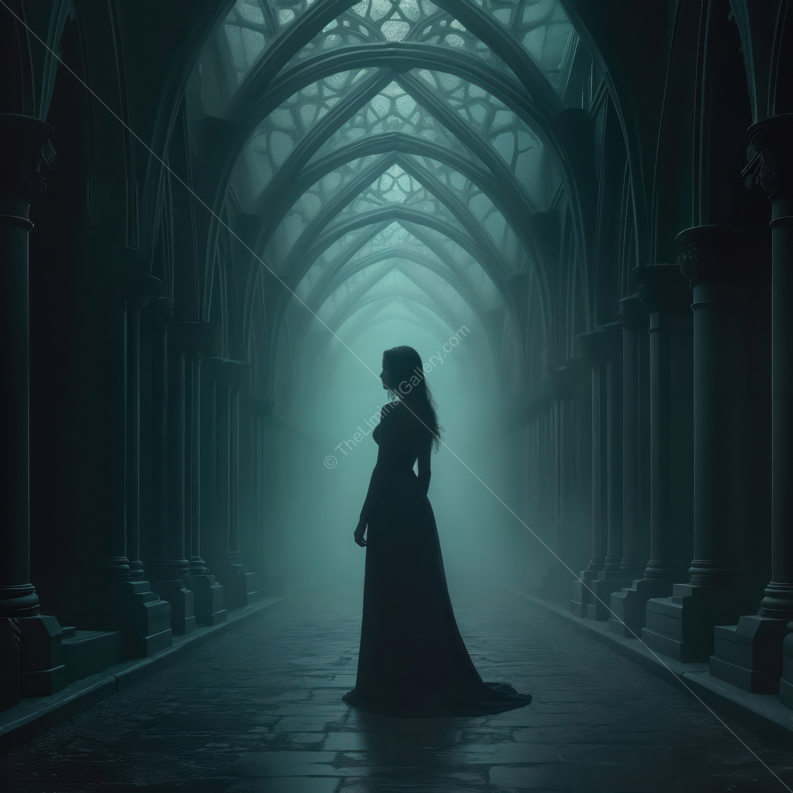 Haunting woman standing in a mystical liminal space filled with shadows and ethereal light, exploring a fantastical environment