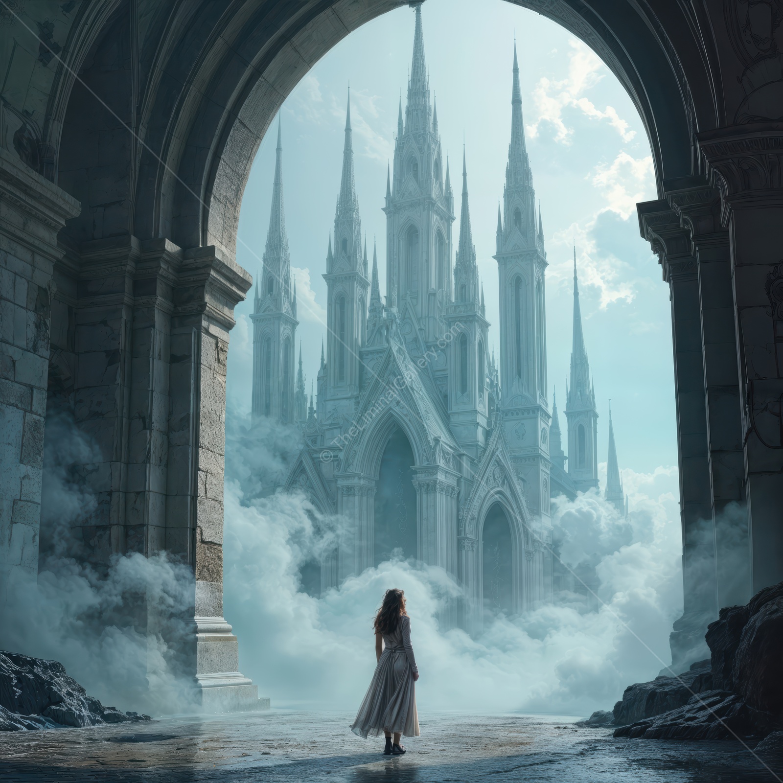 Woman in a dreamlike landscape gazing at a magnificent castle shrouded in mist and mystery