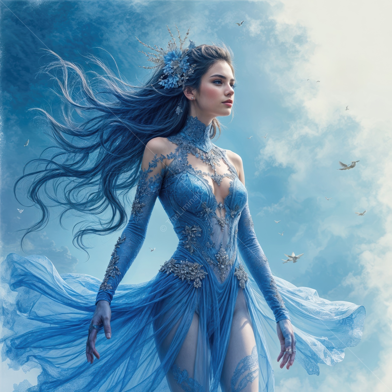 Enchanting woman in flowing blue gown dances amidst a dreamlike sky filled with soft clouds and birds