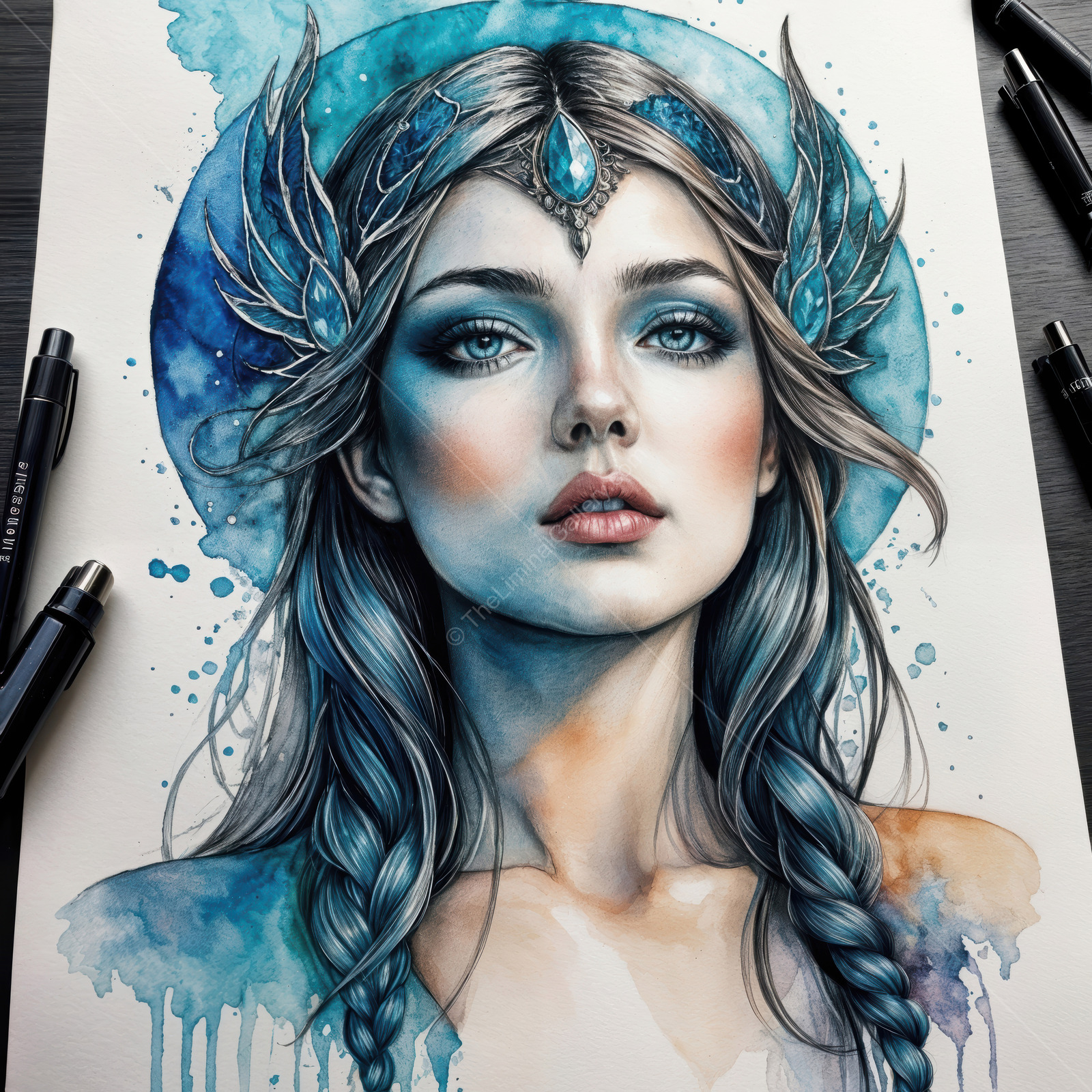 Enchanting fantasy portrait of a woman with blue hair and intricate accessories in a vibrant liminal space