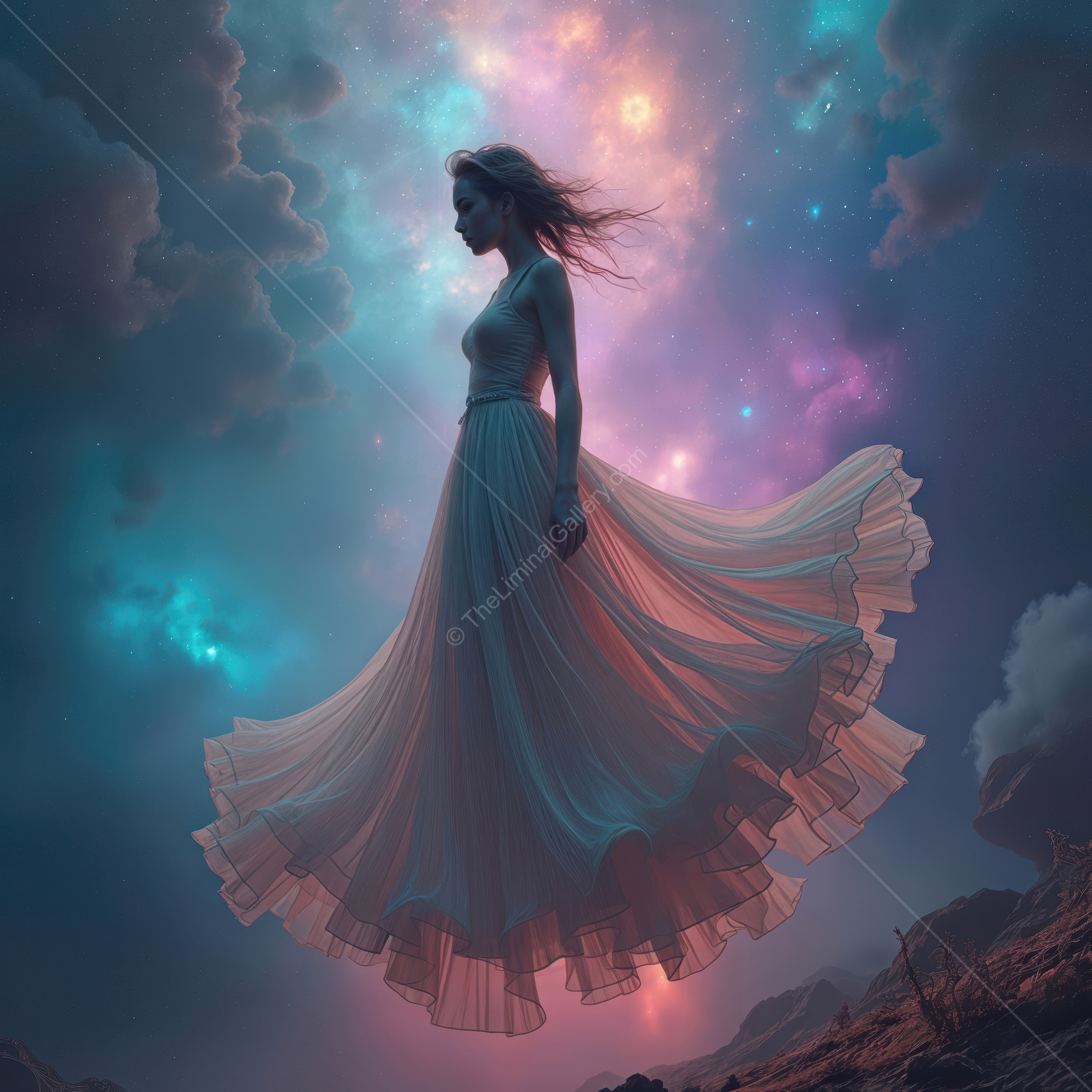 Woman dances among stars in a dreamlike liminal space filled with ethereal colors at dusk