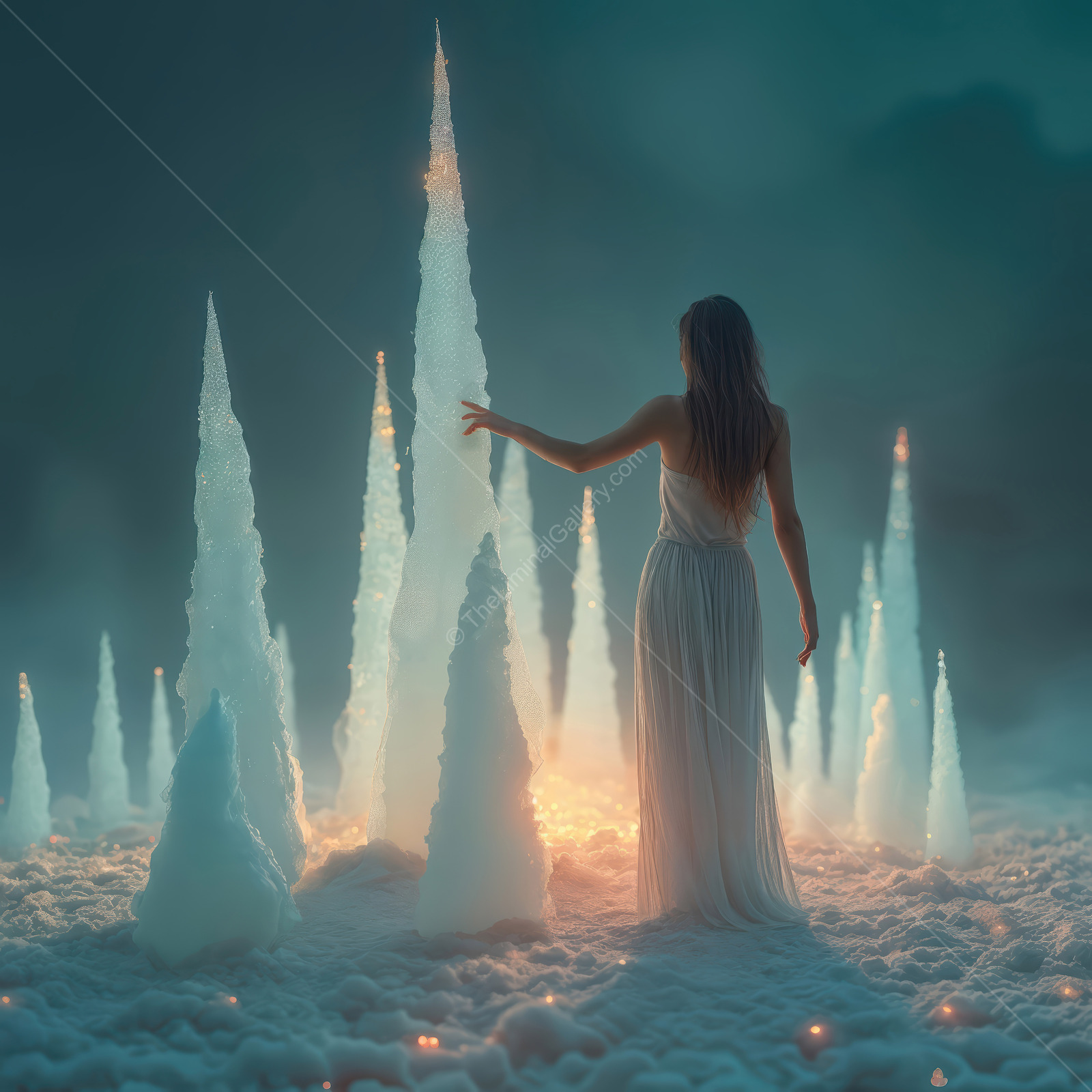 Wandering through a mystical frozen landscape at twilight in search of forgotten dreams