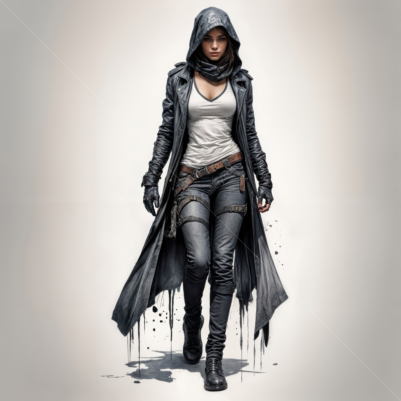 Woman in a liminal fantasy world walking through a mystical landscape at dusk, embodying strength and mystery in her attire