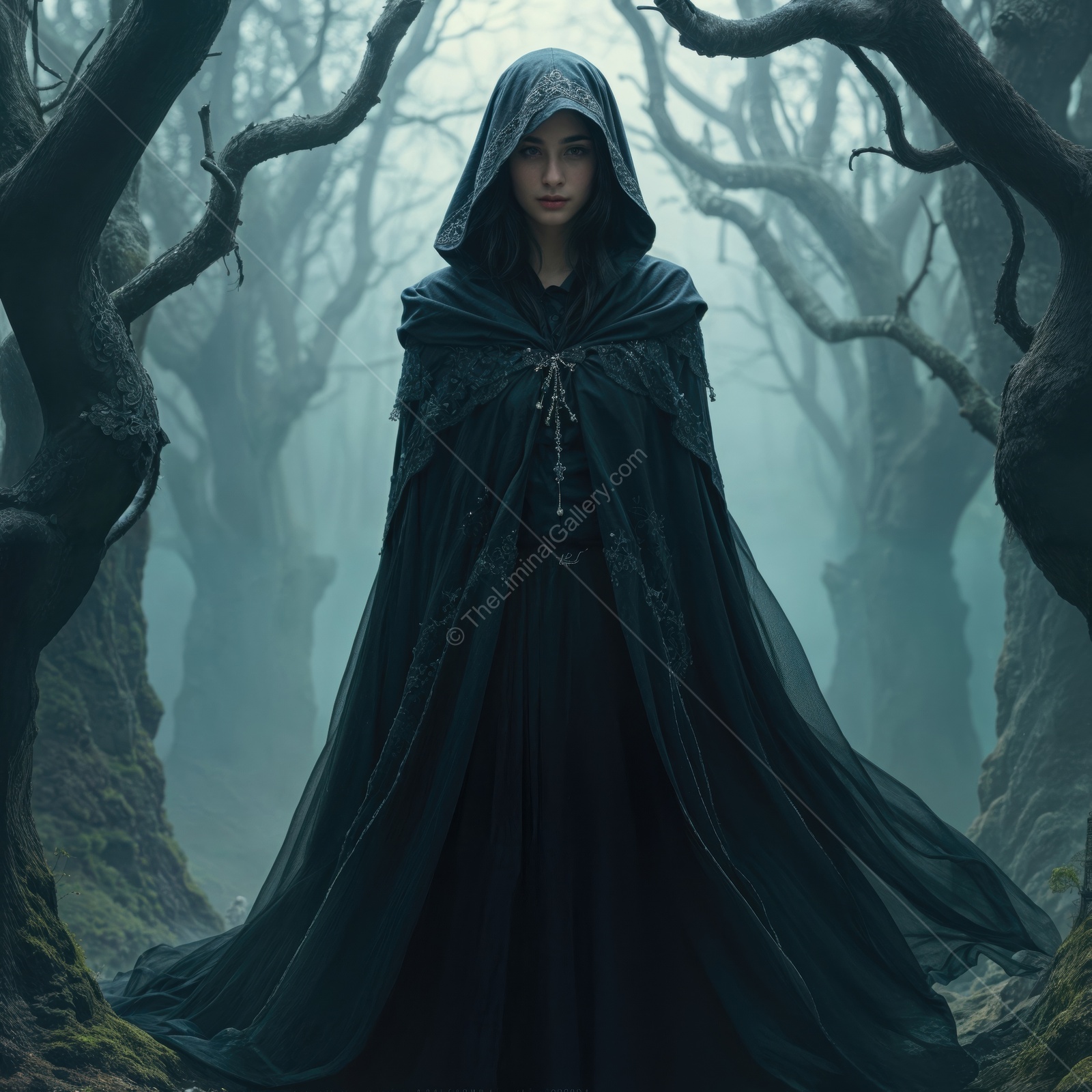 Mysterious woman in a dark forest weaves magic under a mystical moonlit sky