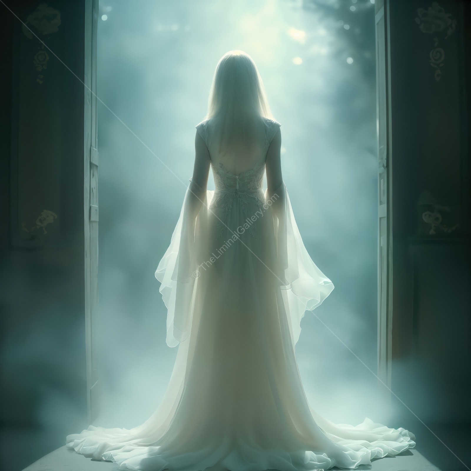 Ghostly woman in a mysterious liminal space embodying magic, wonder, and an ethereal presence surrounded by mist and light