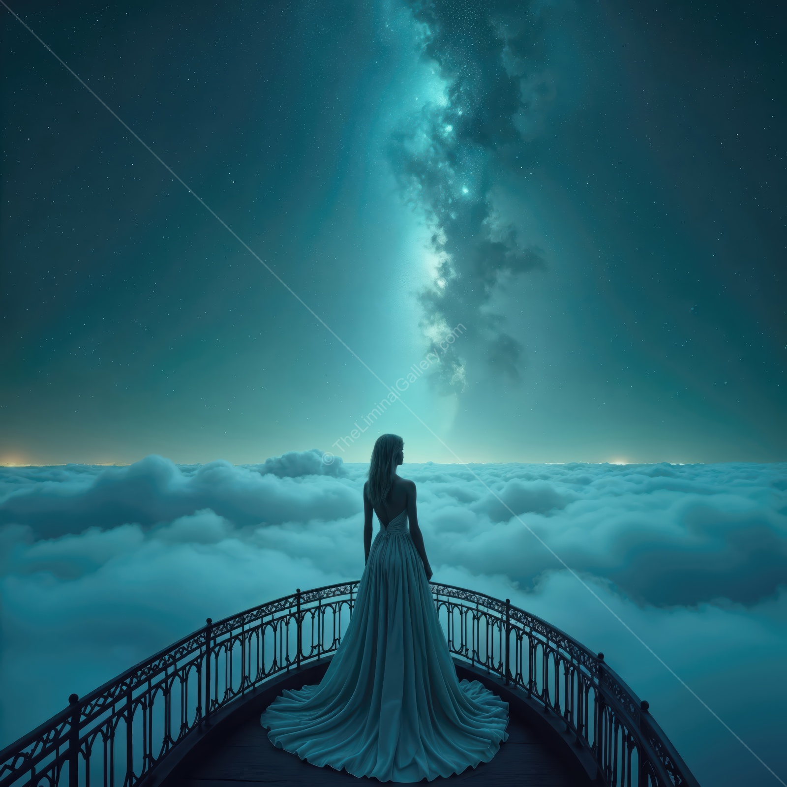 Woman in a fantasy realm gazing at the stars above a sea of clouds during a mystical night