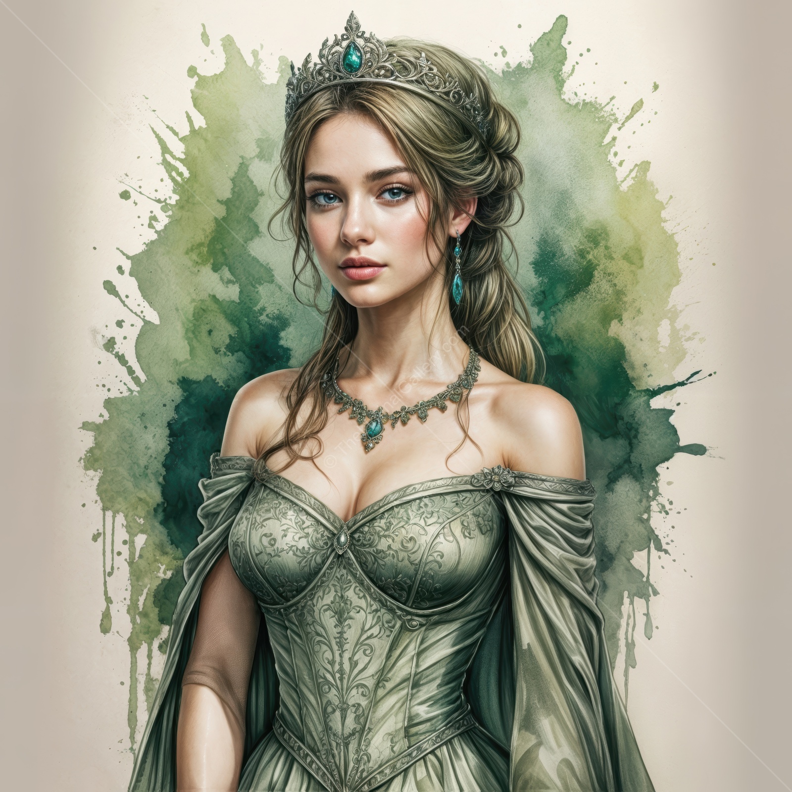 Enchanting woman of a fantasy realm adorned in elegant attire, standing amidst ethereal greens and whites at twilight