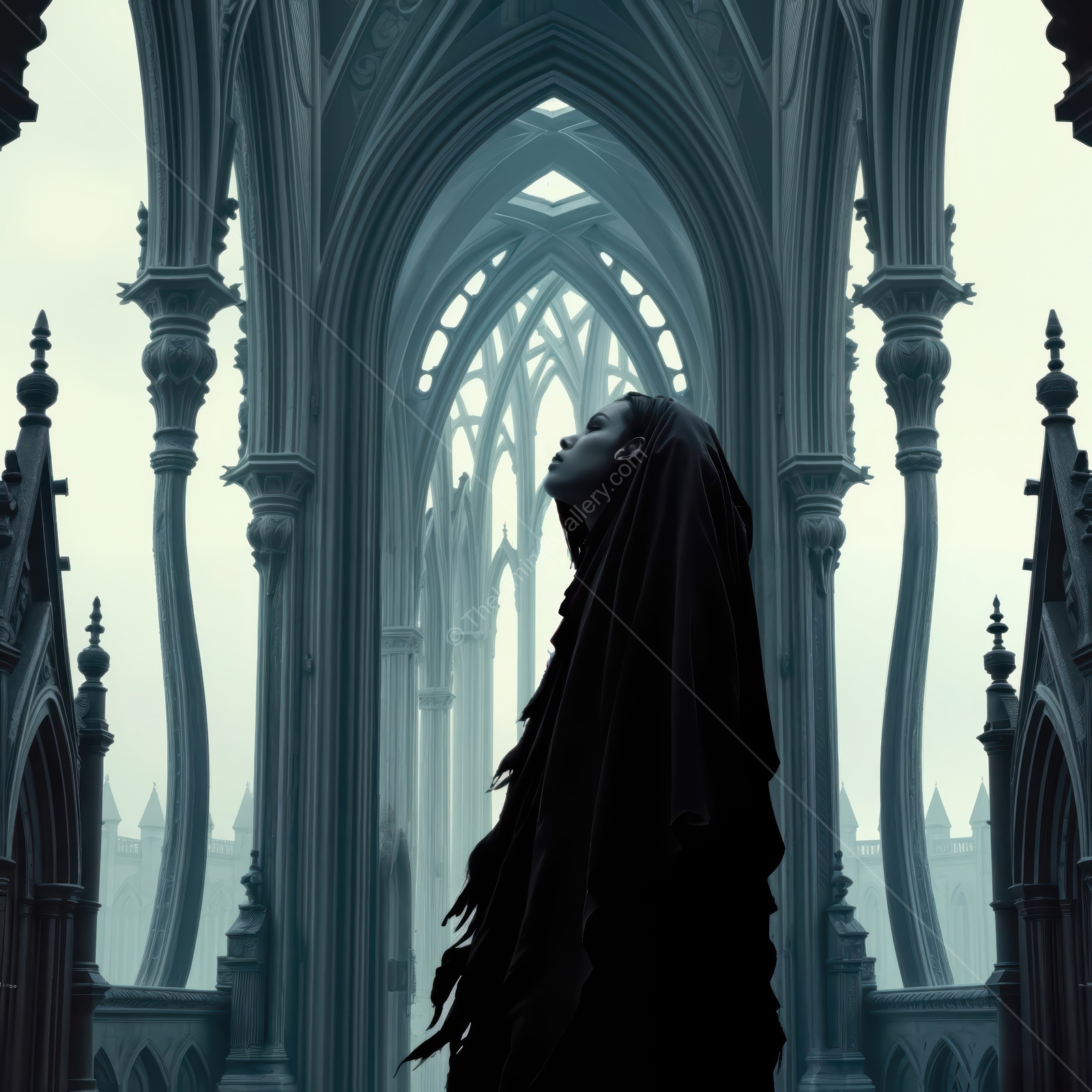 Woman in a mystical liminal space, embracing the enigmatic beauty of the ethereal architecture at dusk