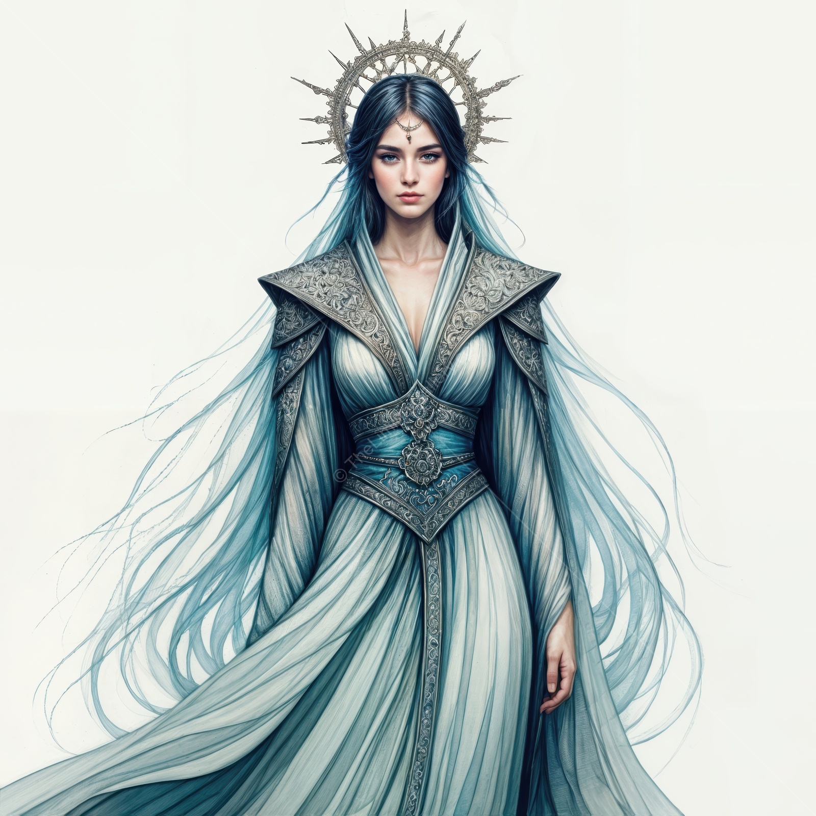 Majestic woman in flowing robes evokes a sense of fantasy and liminality at twilight