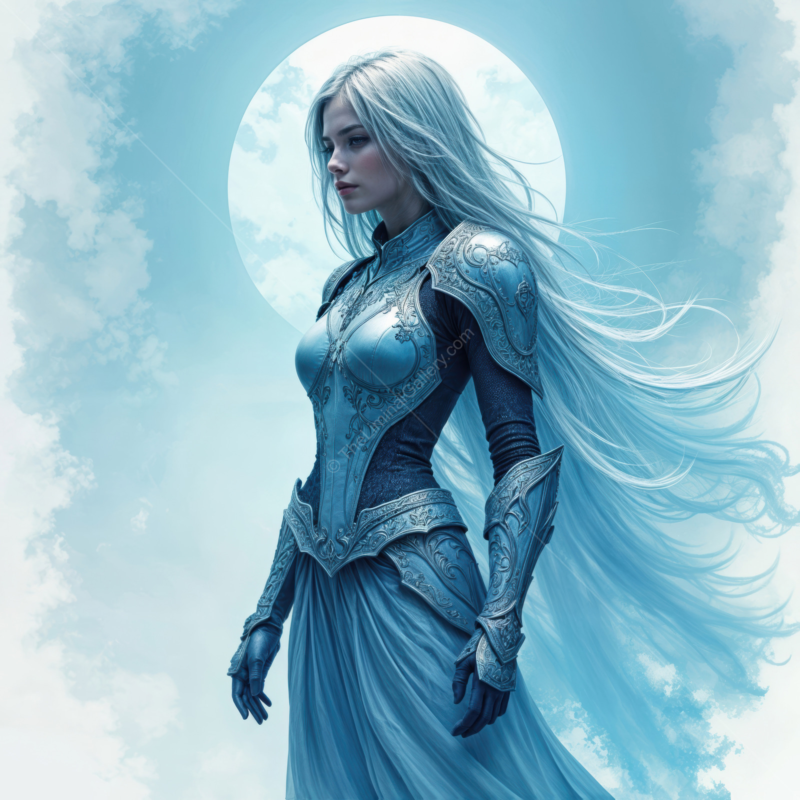 Woman in fantasy armor standing in a liminal space under a blue moonlight