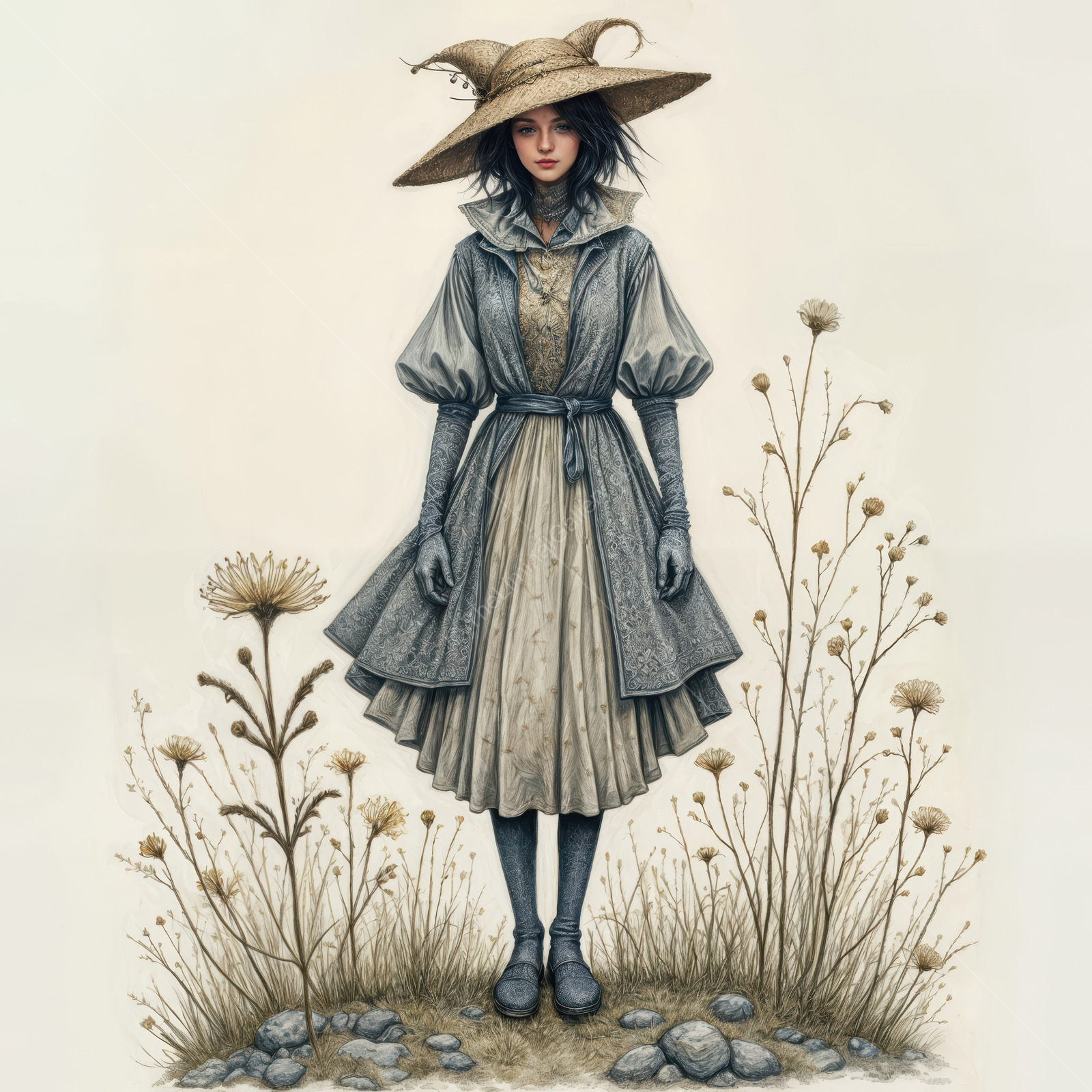 Enchanting woman in a fantasy garden wearing a whimsical hat, surrounded by wildflowers at twilight