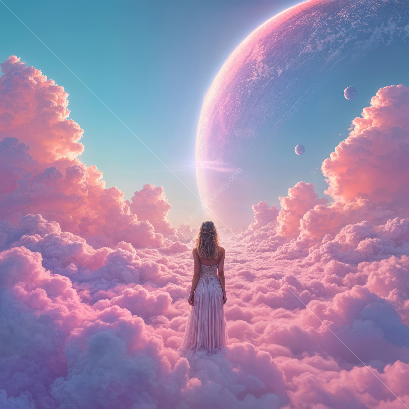 A woman explores a vibrant liminal realm among floating clouds and celestial wonders