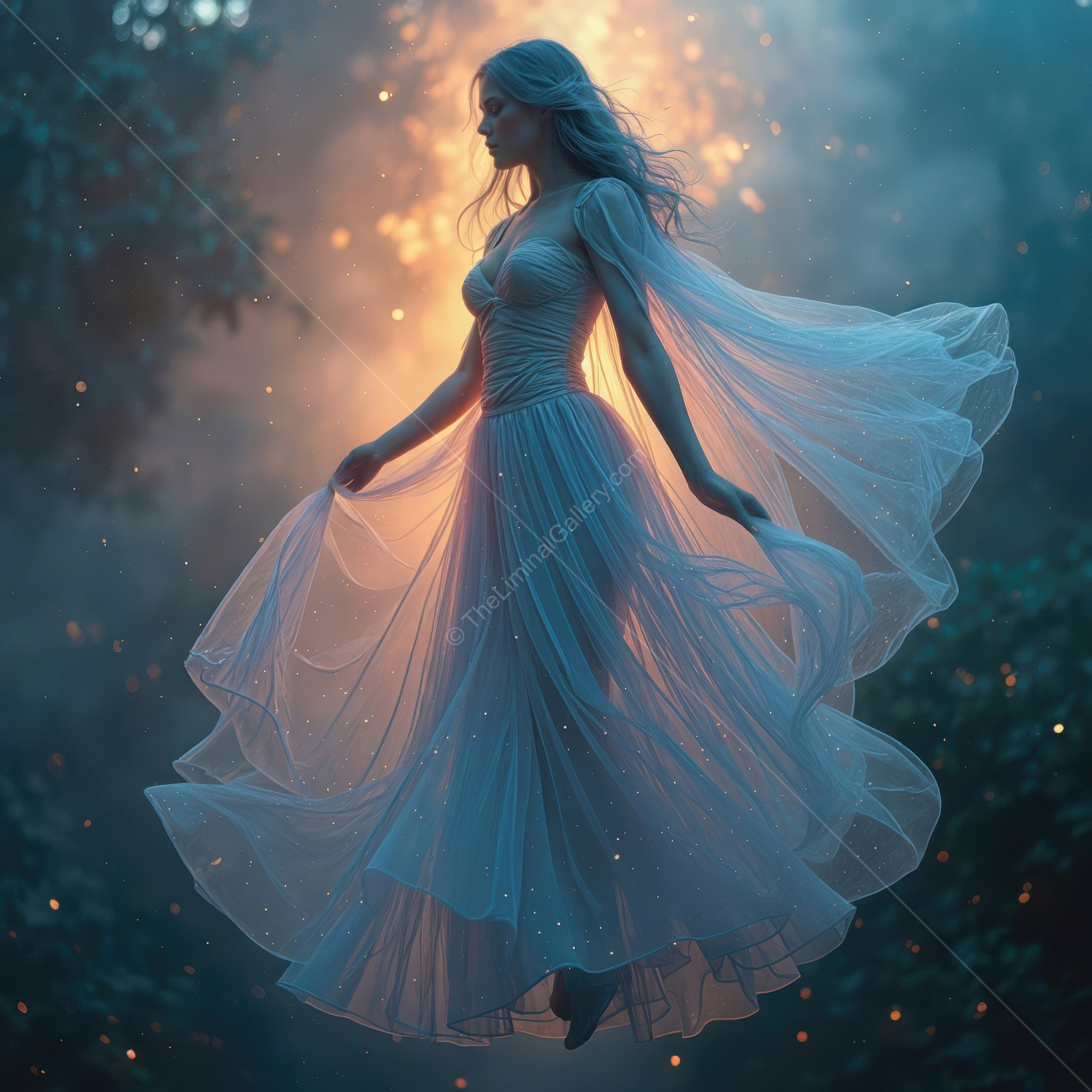 A woman floats in a magical liminal forest, enveloped in ethereal light at twilight