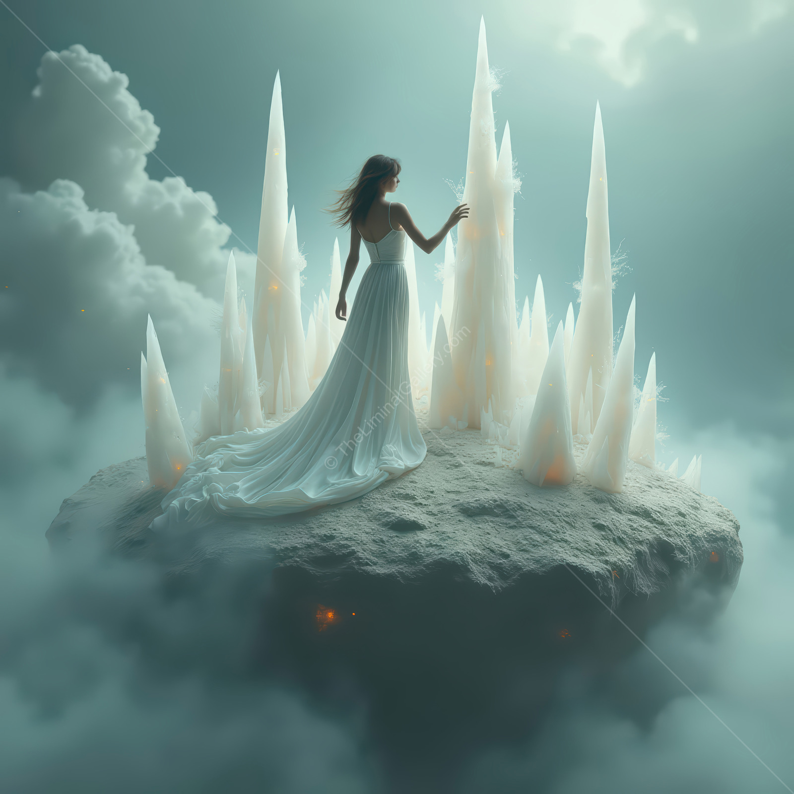 A mystical woman stands gracefully on a floating island surrounded by towering ice formations under a dreamlike sky