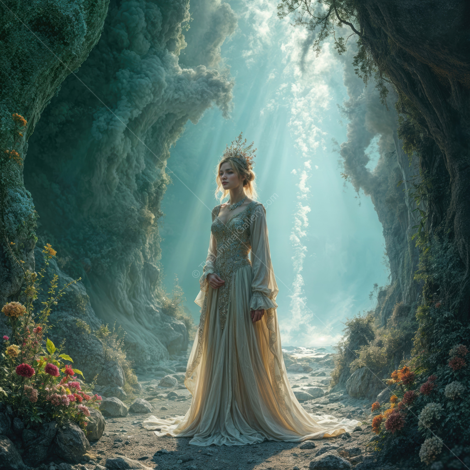 Mystical woman in a fantasy realm surrounded by enchanting light and lush flora at twilight