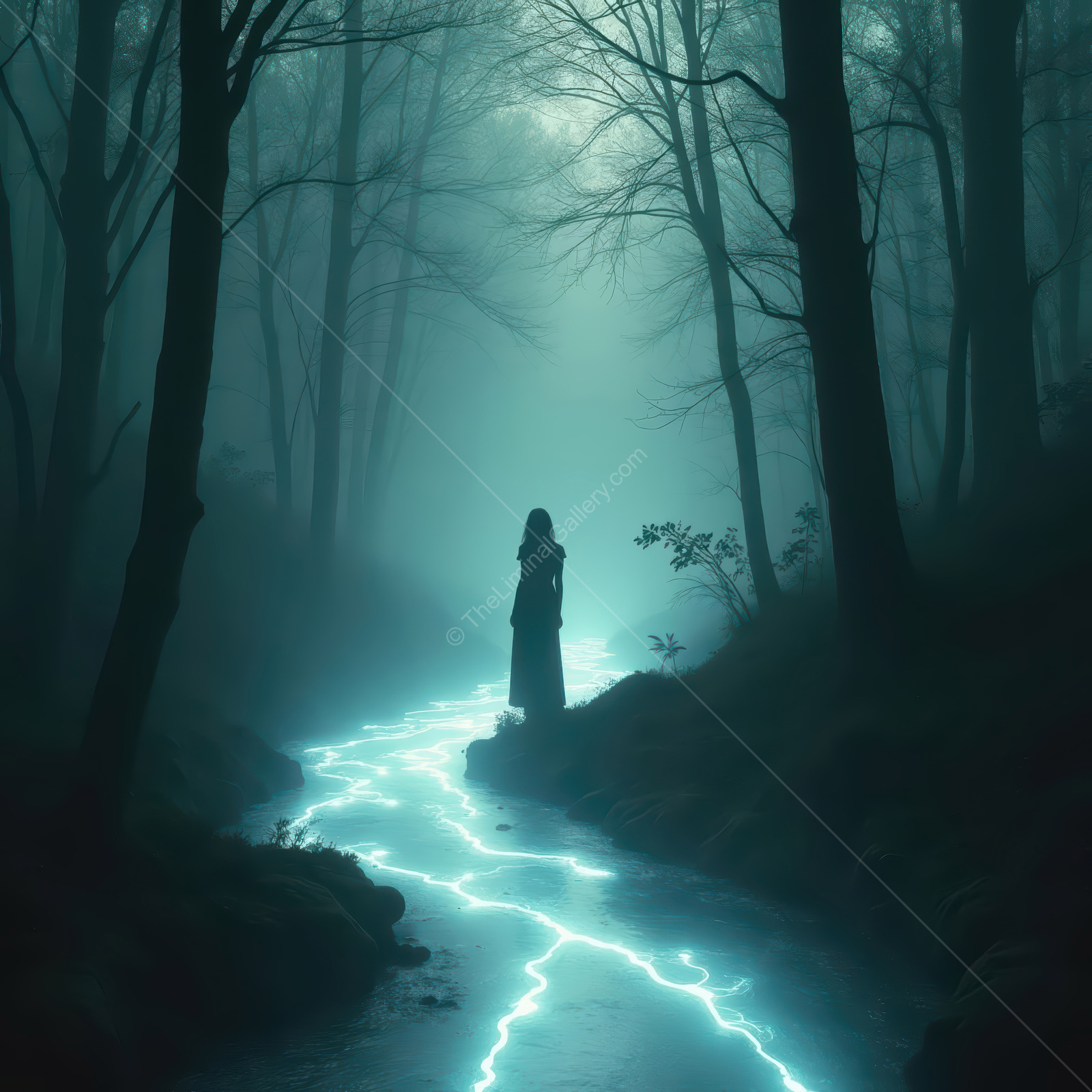 Haunting woman in a foggy forest illuminated by luminous water at twilight creating a dreamlike atmosphere