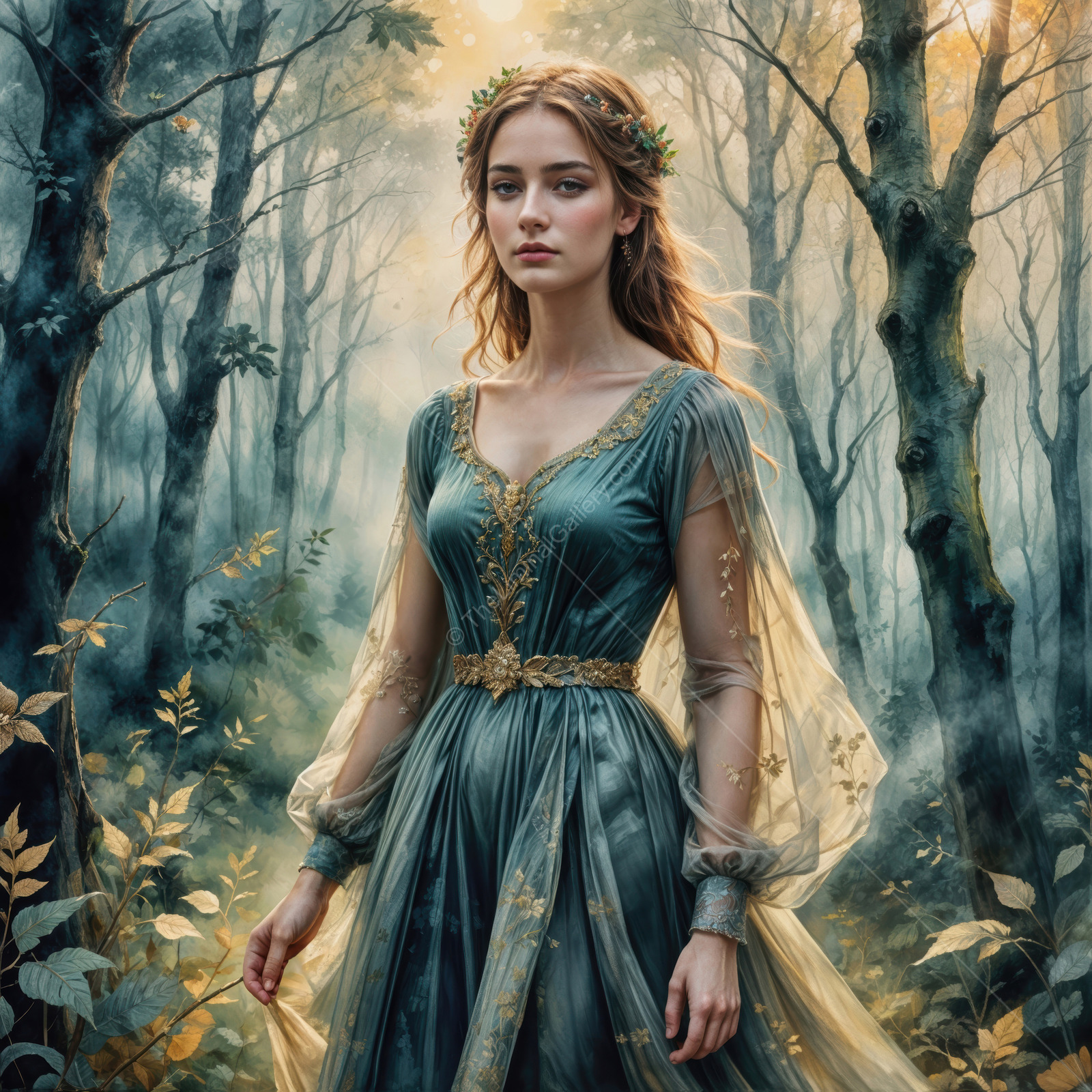 Celtic woman in a magical forest realm, embracing a moment of serenity and enchantment under a golden glow