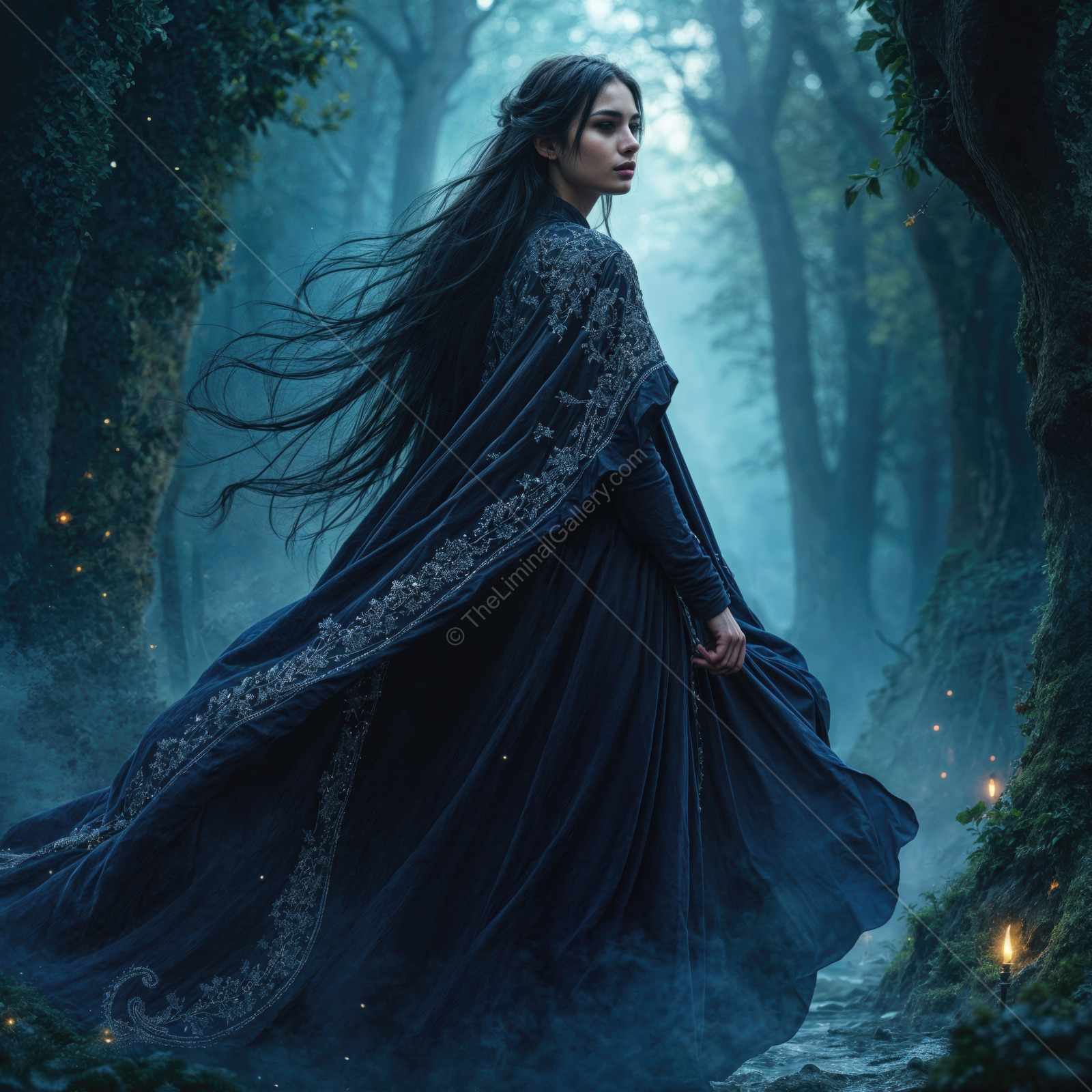 A traveler in mystical woods embrace the enchanting energy of fantasy in a liminal space at twilight