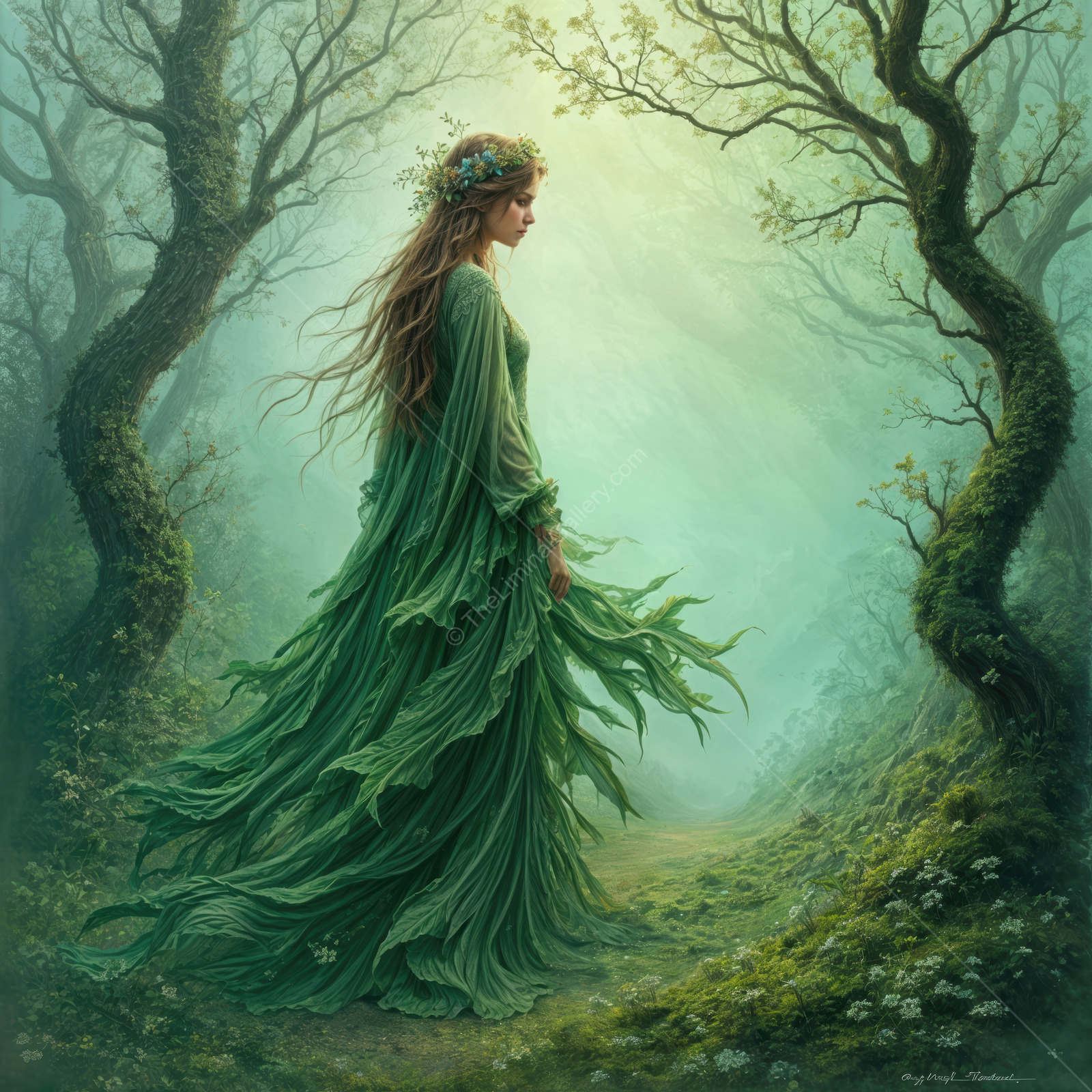 Enchanting woman in a lush forest, embodying nature's spirit and beauty at dusk