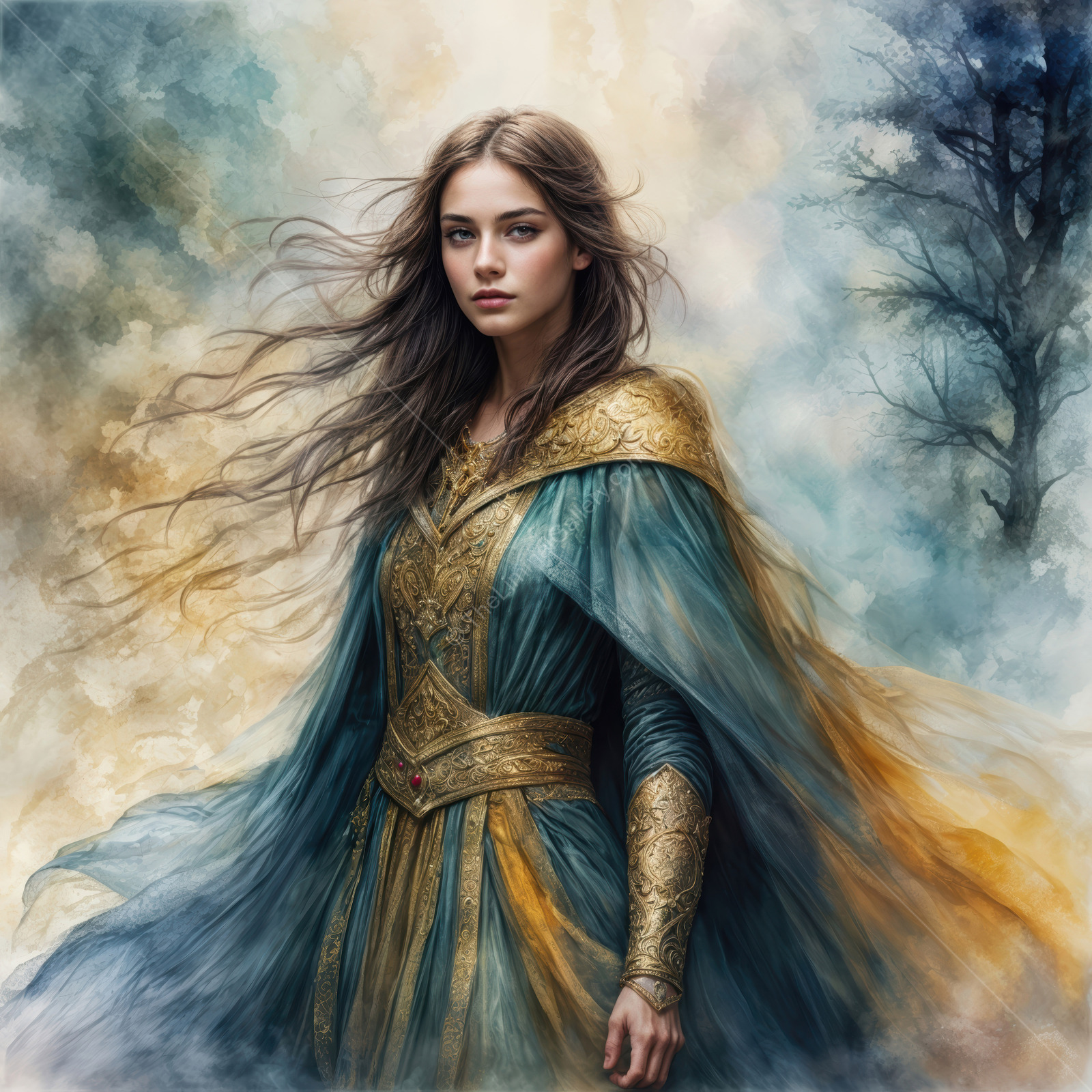 Woman in a mystical forest embraces the spirit of fantasy and adventure during twilight hours