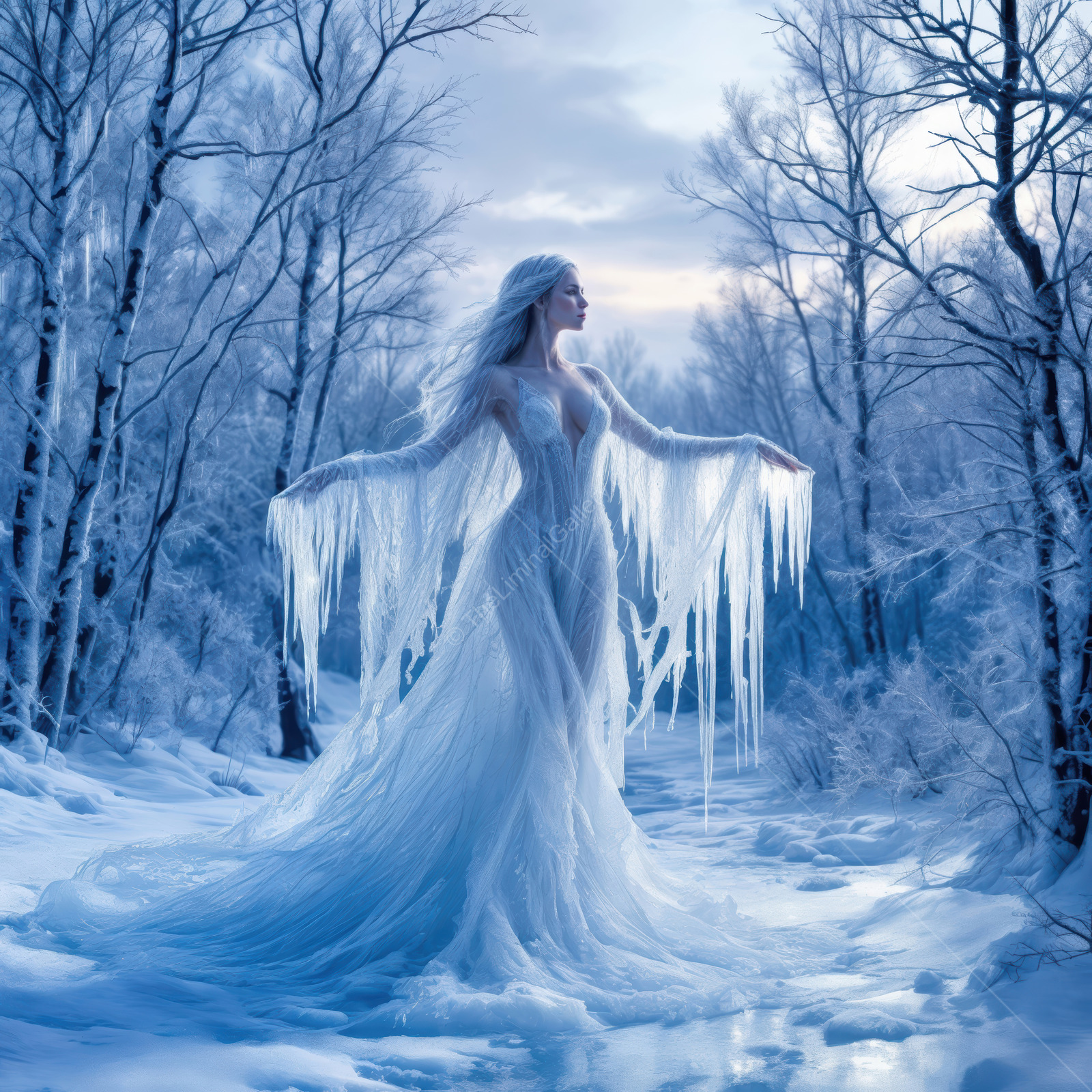 Woman in a frozen woodland dressed in ethereal ice-like garments, embodying fantasy and liminality at twilight