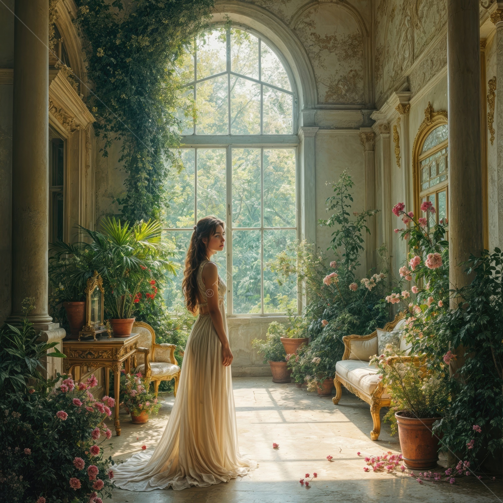 Woman in a serene garden, surrounded by lush greenery and blooming flowers, basking in the gentle light of dawn