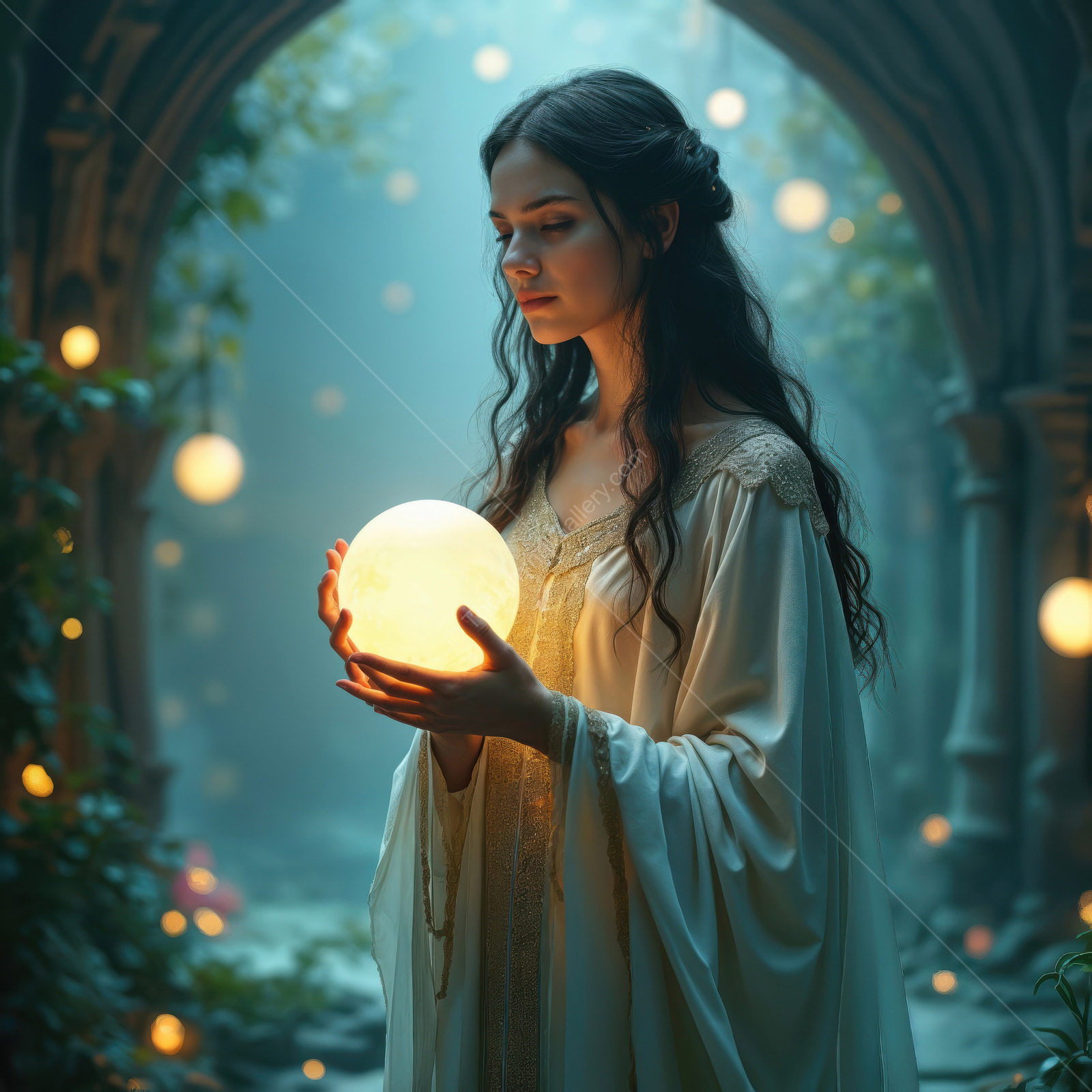 Woman in a mystical garden holding a glowing orb, surrounded by ethereal lights and a dreamy atmosphere, embodying a fantasy realm of liminal beauty