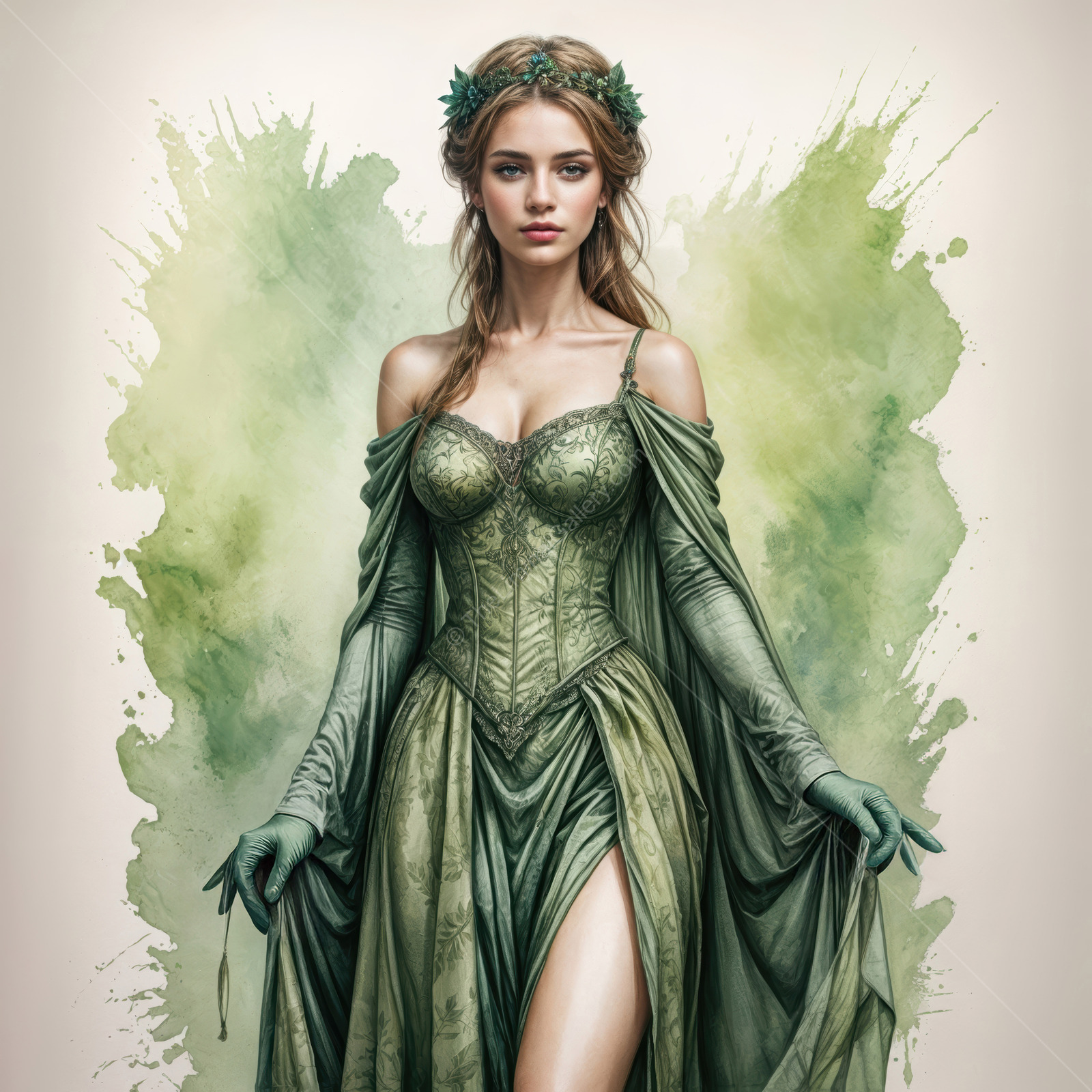 Enchanted fantasy woman embodies nature in a liminal space surrounded by soft green hues