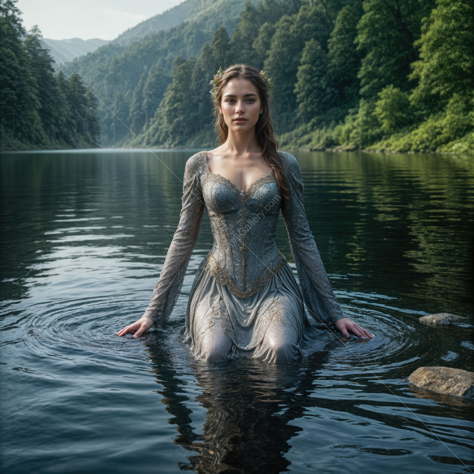 Enchanting woman in a shimmering gown emerges from tranquil waters surrounded by lush mountains at dawn