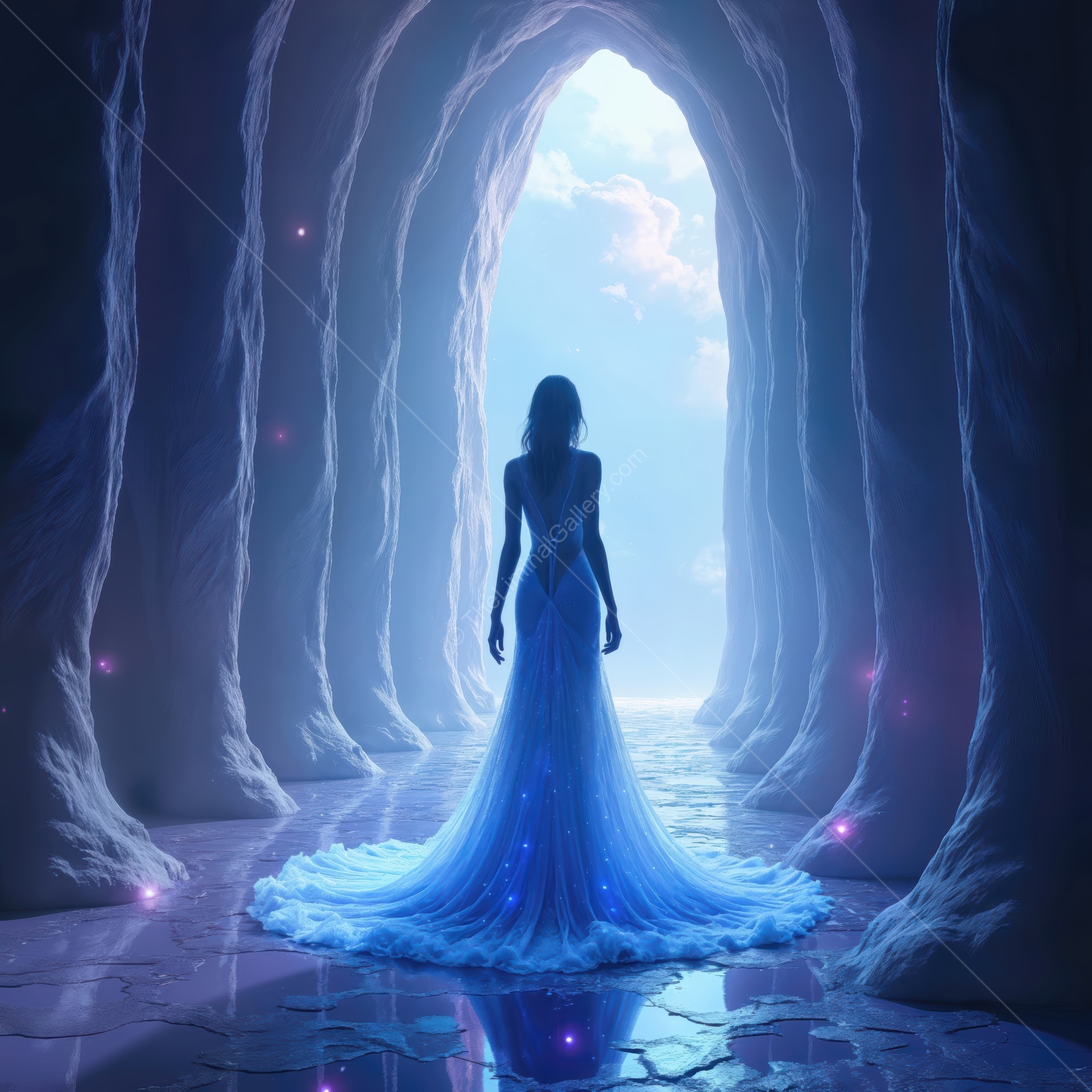 Woman in a mystical liminal space wearing a flowing gown, surrounded by ethereal light and soft shadows