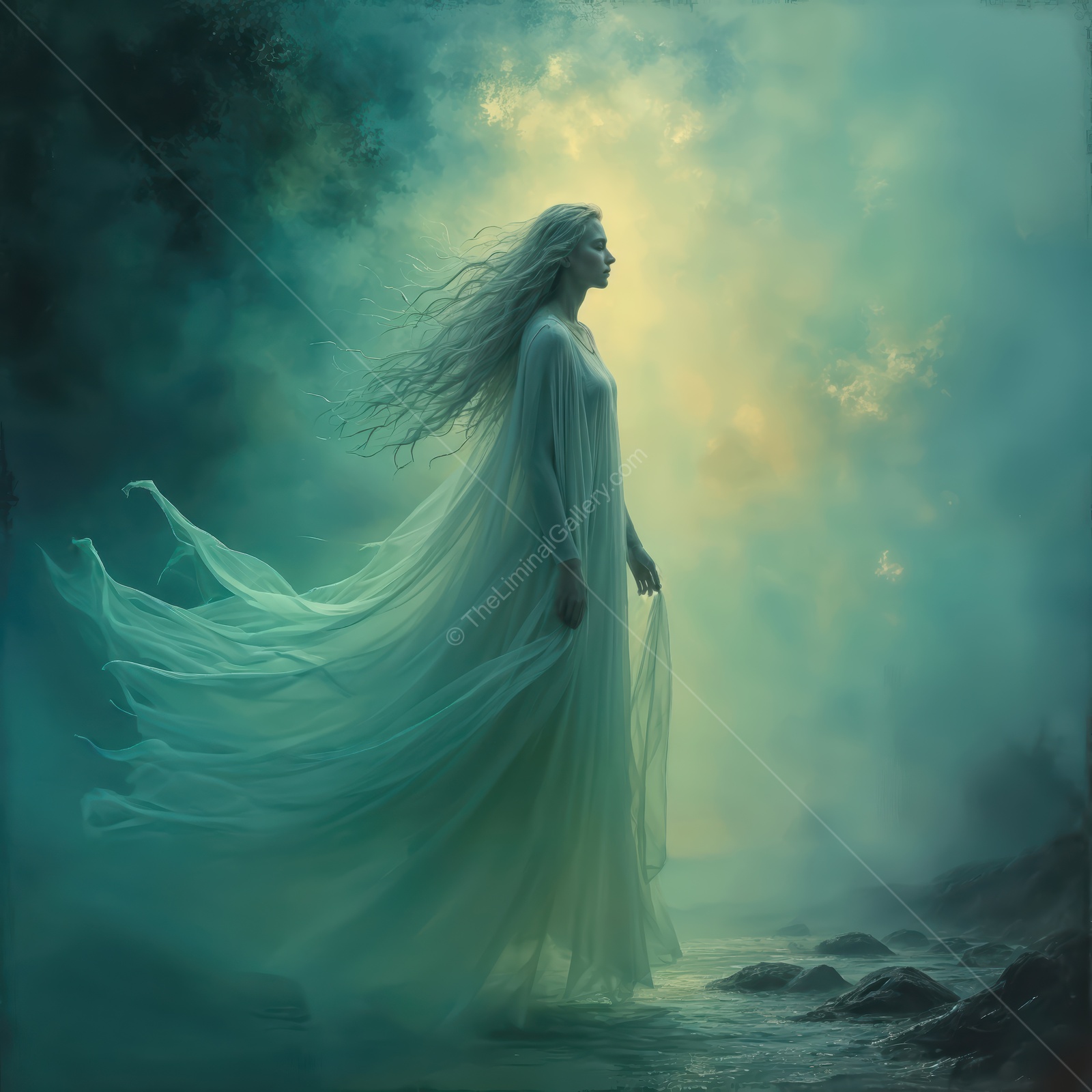 Liminal woman stands gracefully in a mystical landscape surrounded by ethereal mist under a glowing sky at twilight