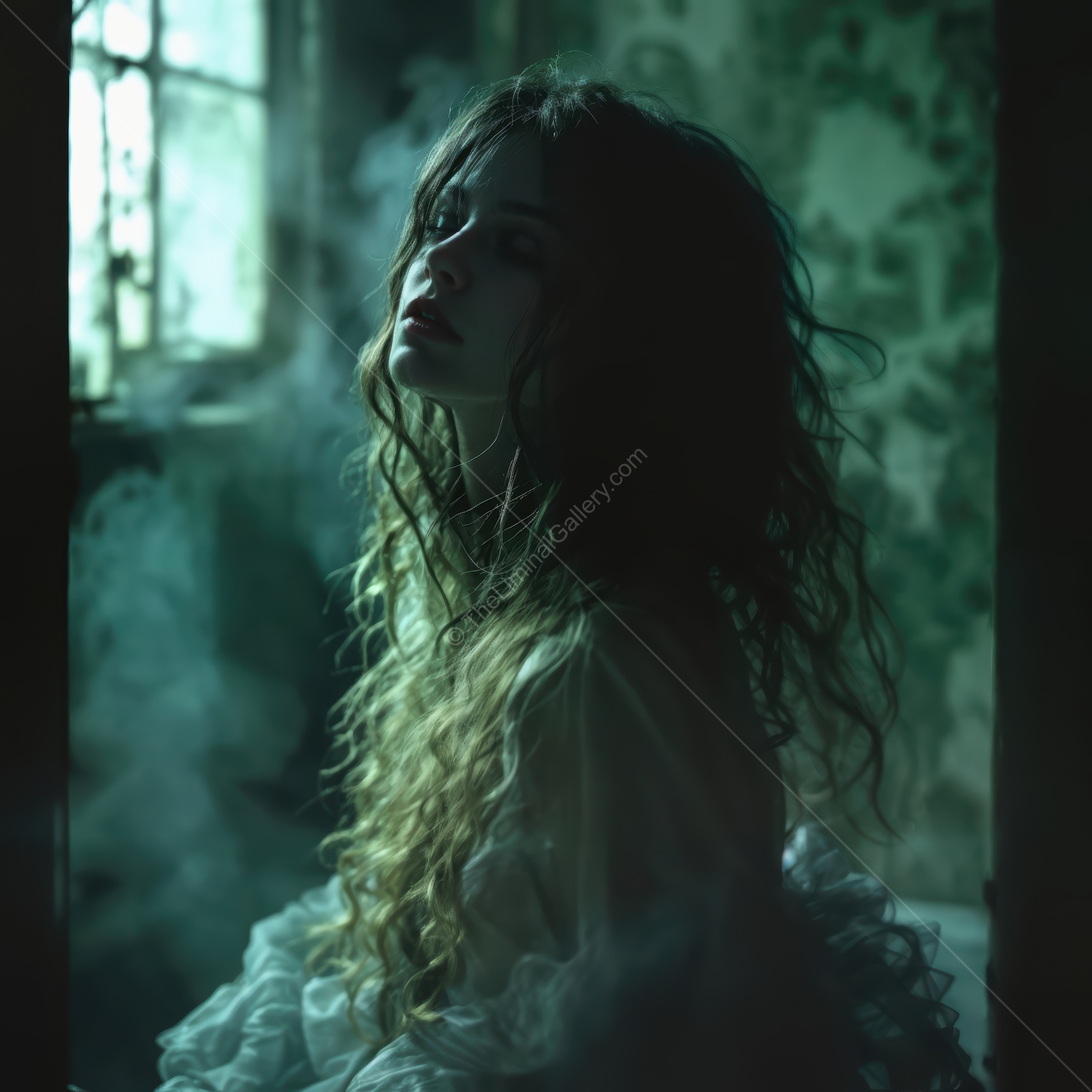 Whispers of shadows and dreams in a forgotten room with a woman lost in thought