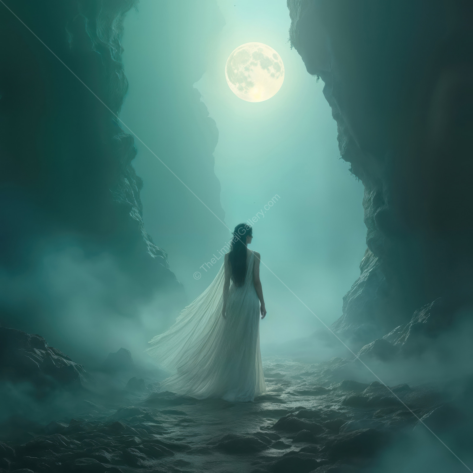 A woman wanders through a misty canyon under a glowing full moon, into a dreamlike fantasy world of enchantment and mystery